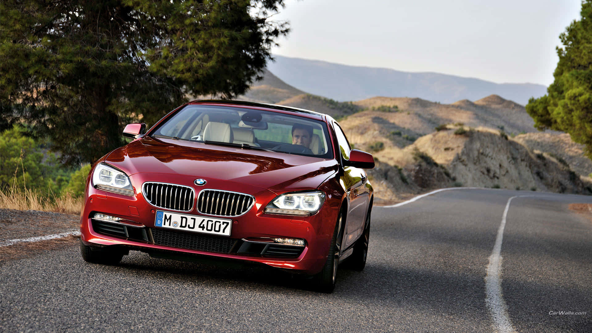 BMW 動圖 桌布 壁紙 — 一輛亮面紅色BMW 6系列敞篷車沿著蜿蜒的山路行駛，兩旁有樹木和乾燥的山丘，天空朦朧。