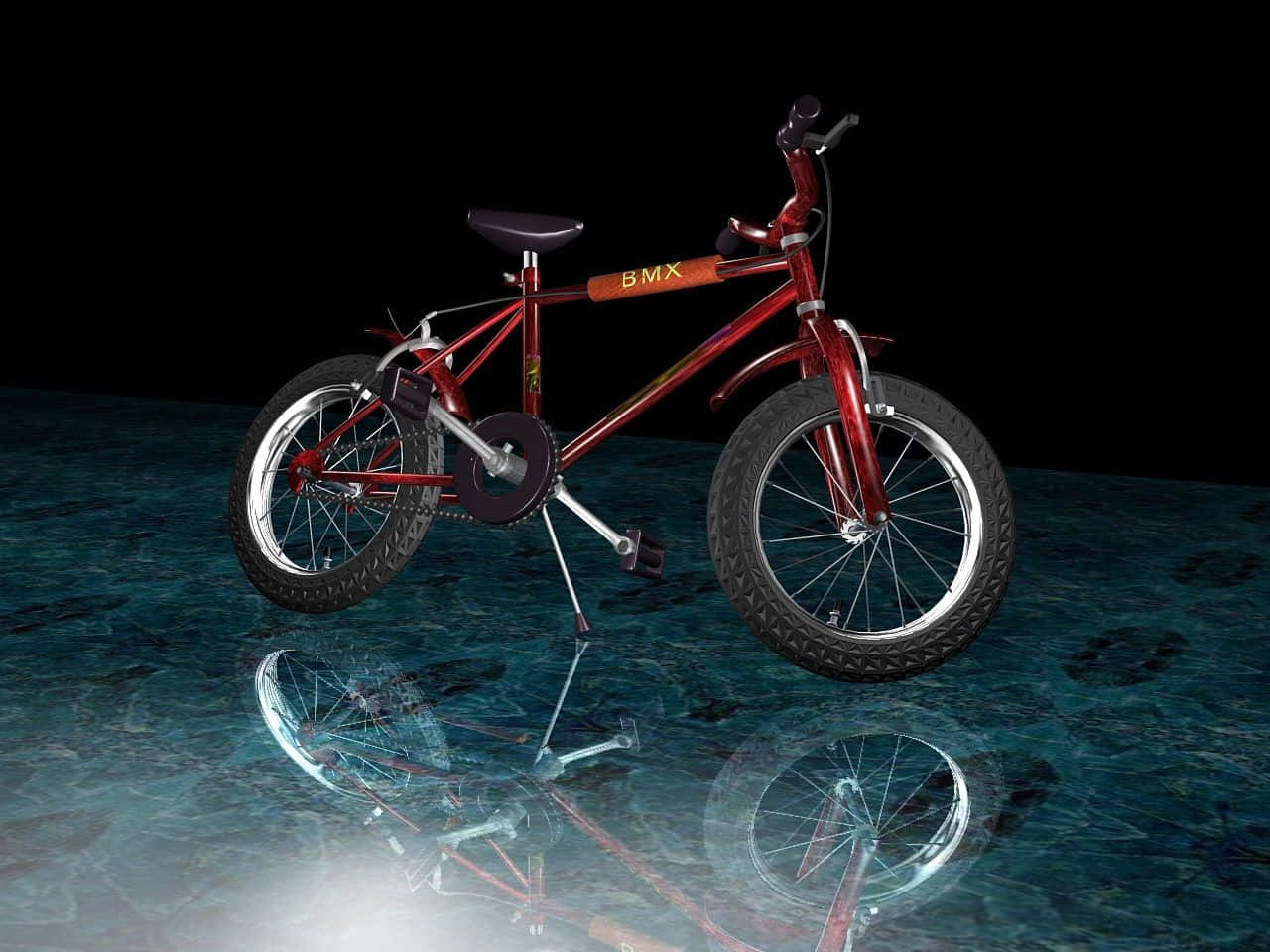 3d Sports 桌布 壁紙 — 一輛亮面紅色BMX腳踏車立於反光青綠色表面上，背景為黑色虛空，下方映出倒影。