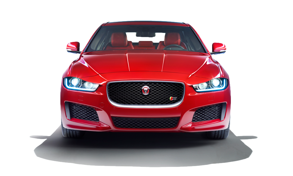 美洲豹 桌布 壁紙 — 一輛亮面紅色Jaguar跑車，車頭燈亮起，紅色內裝，正面展示在白色背景上。