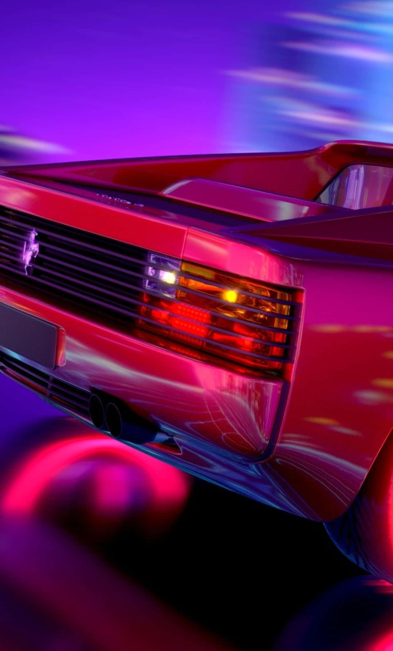 Ferrari Testarossa 桌布 壁紙 — 一輛亮面紅色法拉利跑車在霓虹燈閃爍的夜晚中滑行，帶有紫色和藍色的動態模糊痕跡。