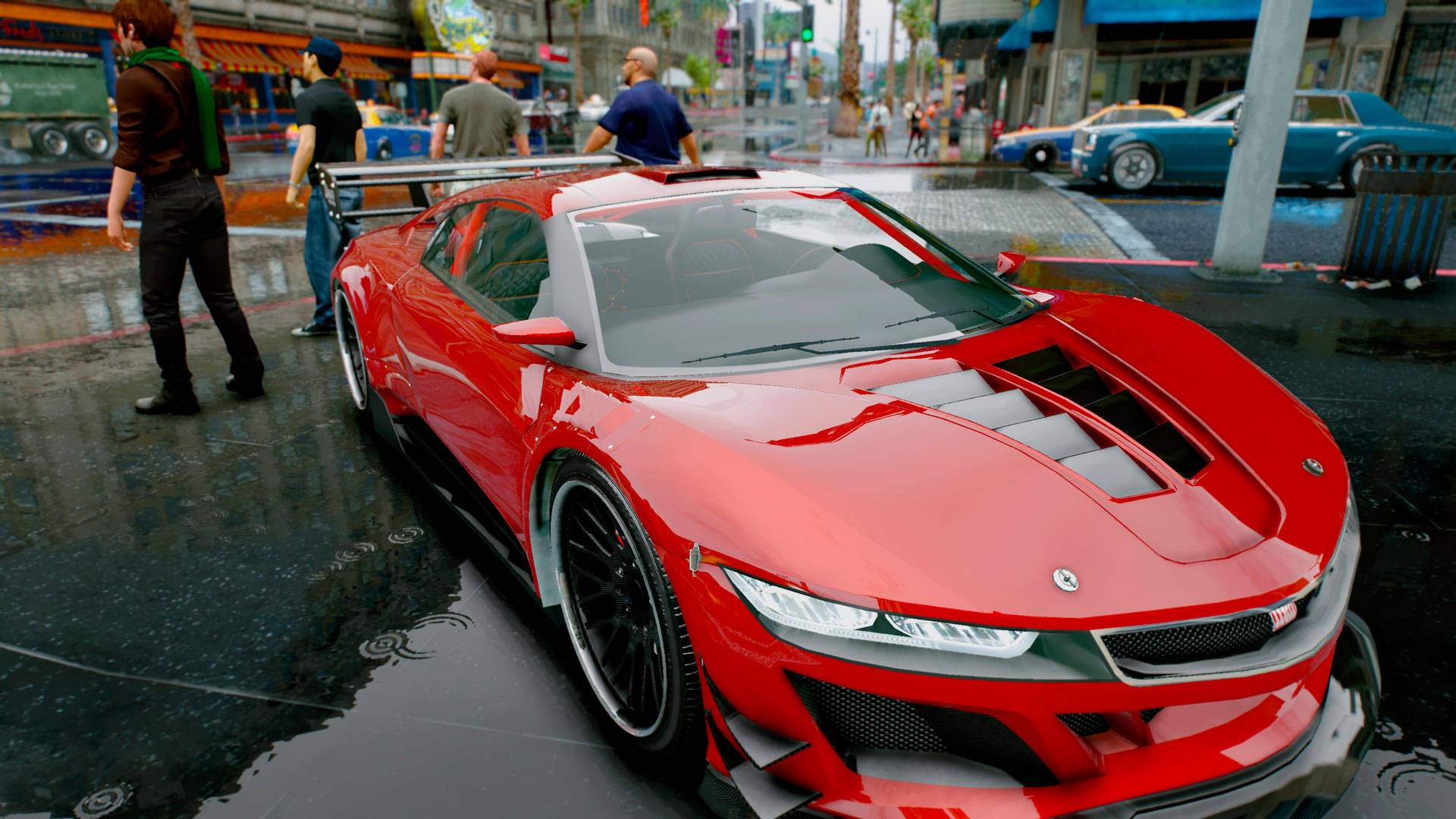 Gta 桌布 壁紙 — 一輛亮麗的紅色跑車在潮濕的城市路面上閃閃發光，行人們在雨天中走過。