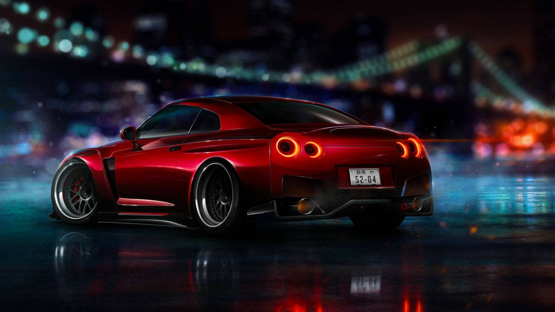Nissan 桌布 壁紙 — 一輛亮麗的紅色跑車在霓虹燈下，伴隨模糊的橋樑倒影，滑過被雨水浸濕的城市街道。