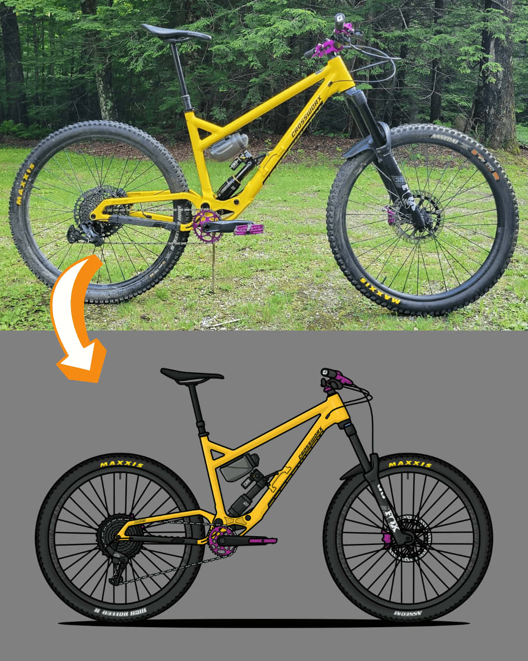 Vehicle 桌布 壁紙 — 一輛亮黃色全避震登山車帶有紫色點綴，停在森林旁的草地上，上方展示其乾淨的數位線條藝術版本。