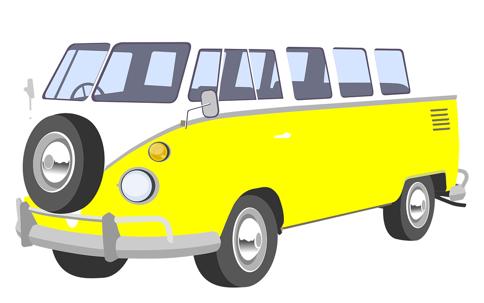福斯汽車 桌布 壁紙 — 一輛亮黃色和白色的復古廂型車，前部有備用輪胎，卡通風格。