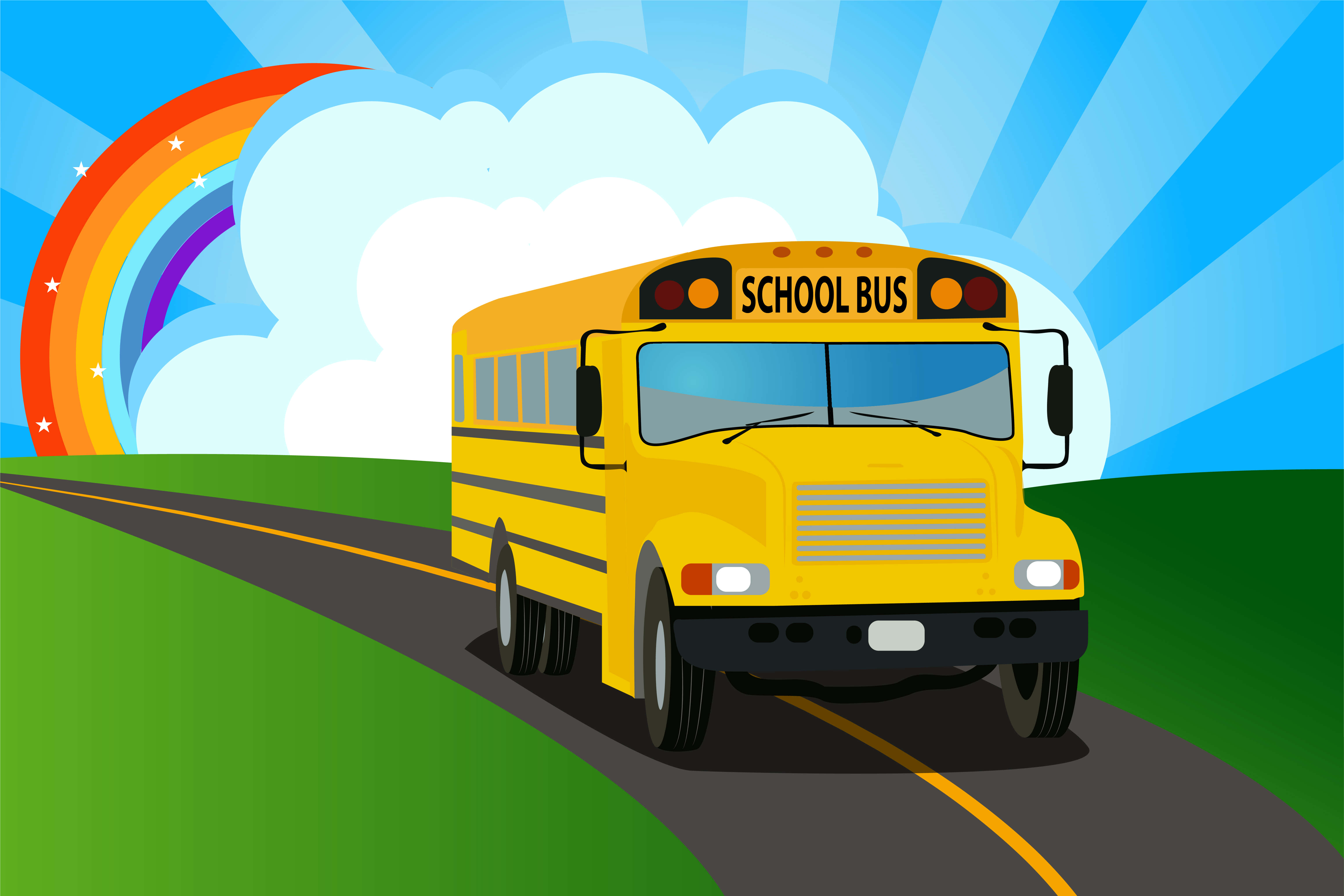 Yellow School Bus 桌布 壁紙 — 一輛亮黃色的校車在蜿蜒的道路上行駛，天空湛藍，有色彩繽紛的彩虹和蓬鬆的雲朵。