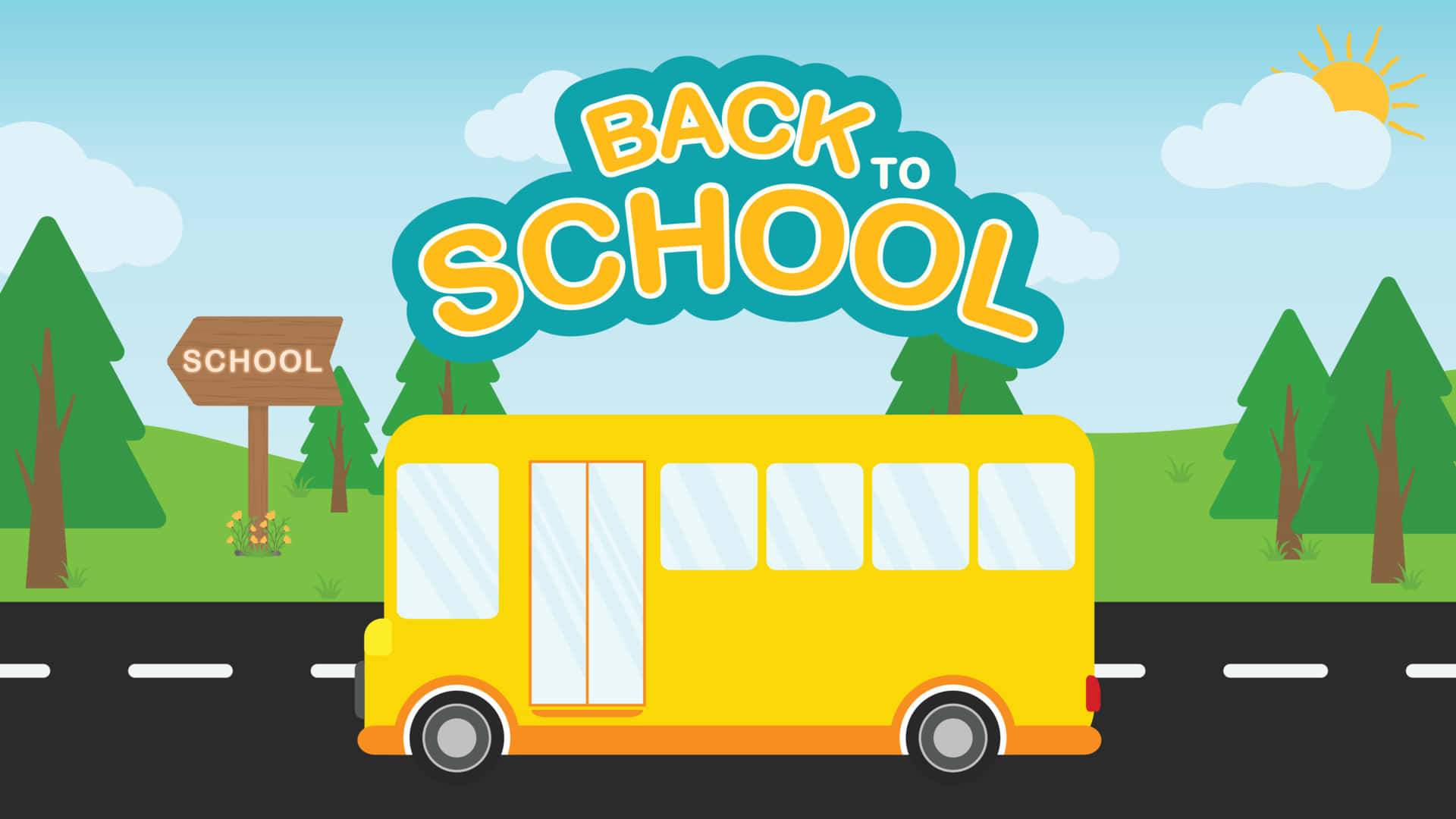 Bus 桌布 壁紙 — 一輛亮黃色的校車在陽光明媚的藍天下，沿著道路駛向學校標誌，周圍有綠樹。