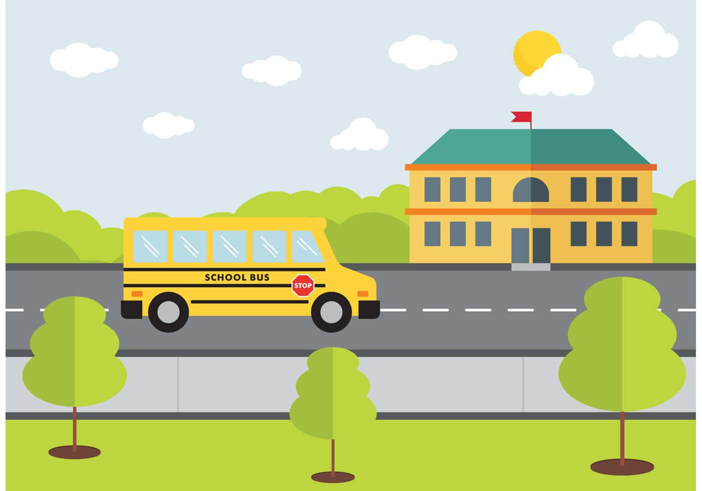Bus 桌布 壁紙 — 一輛亮黃色的校車駛過一棟歡快的校舍，天空晴朗，白雲朵朵。