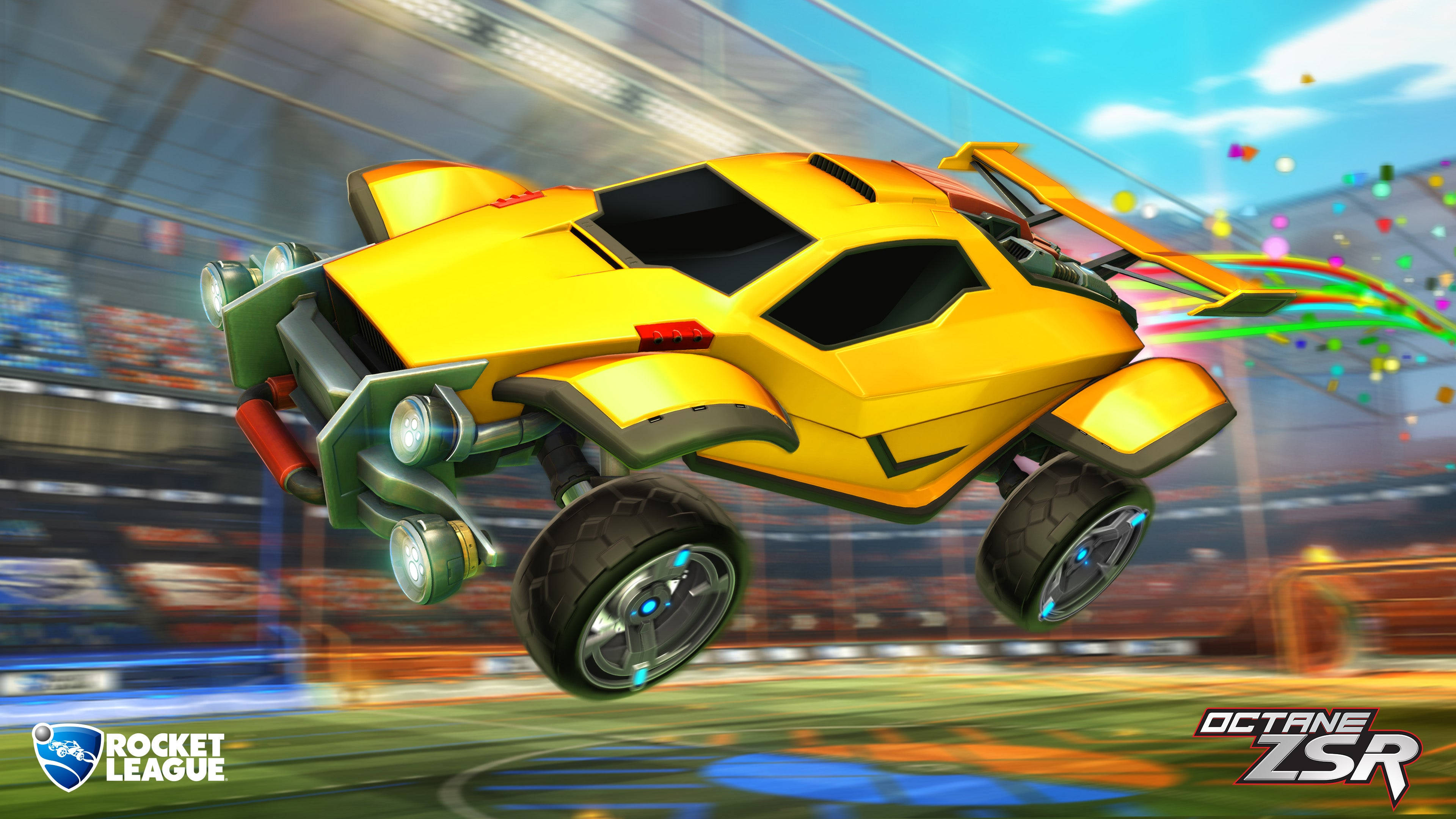 4K Rocket League 桌布 壁紙 — 一輛亮黃色的火箭動力車在充滿五彩紙屑和歡呼人群的體育館中飛馳。