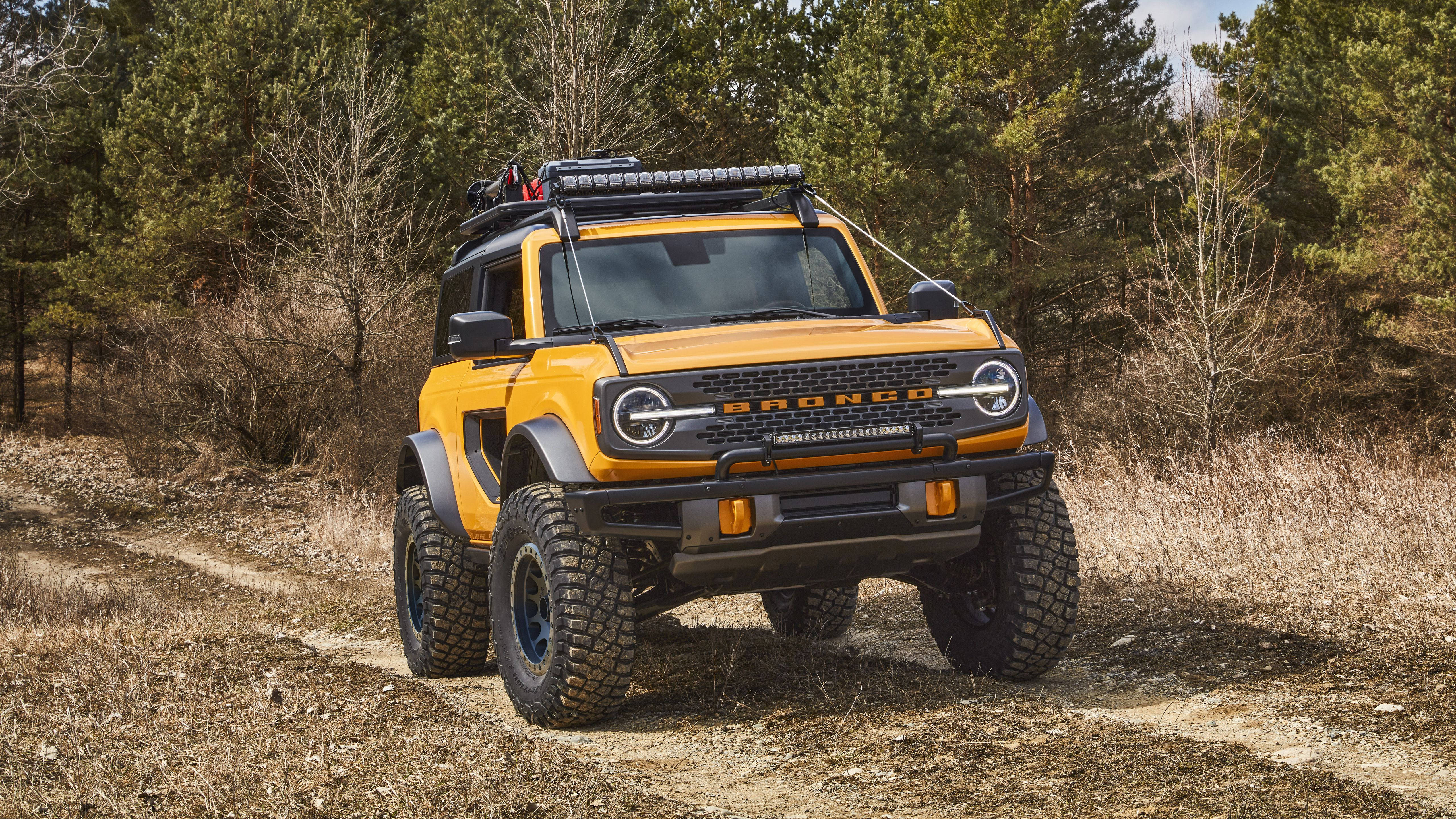 Ford Bronco 桌布 壁紙 — 一輛亮黃色的福特Bronco SUV，配備大輪胎和車頂行李架，行駛在乾燥森林中的泥土路上。
