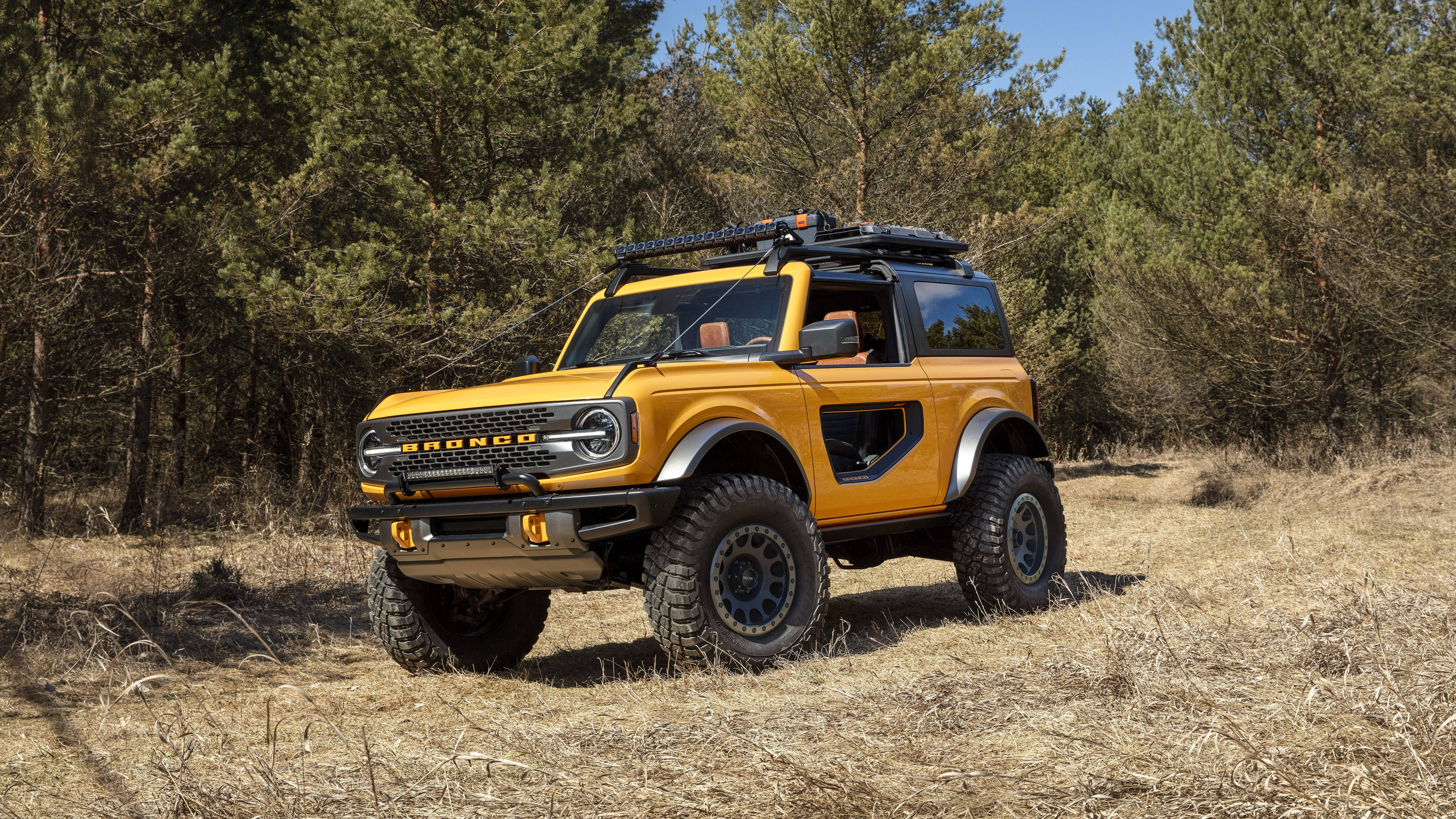 Ford Bronco 桌布 壁紙 — 一輛亮黃色的福特Bronco SUV，配備堅固輪胎和車頂行李架，大膽地矗立在陽光普照的松樹林空地中。
