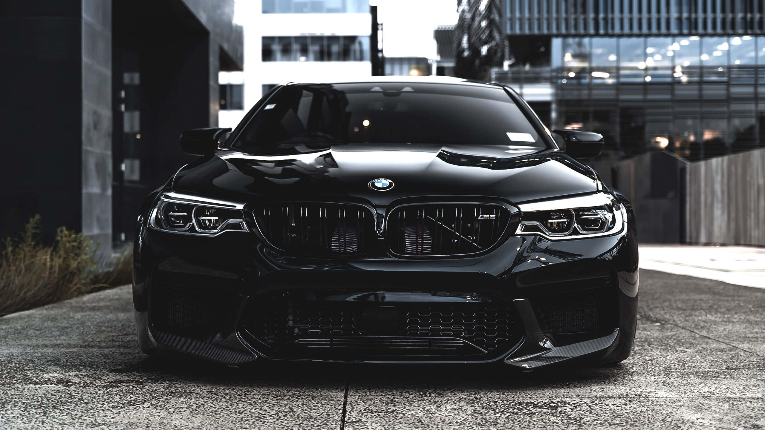 Bmw Tablet 桌布 壁紙 — 一輛亮黑色BMW M5跑車停放在混凝土上，背景是現代都市環境中的玻璃建築。