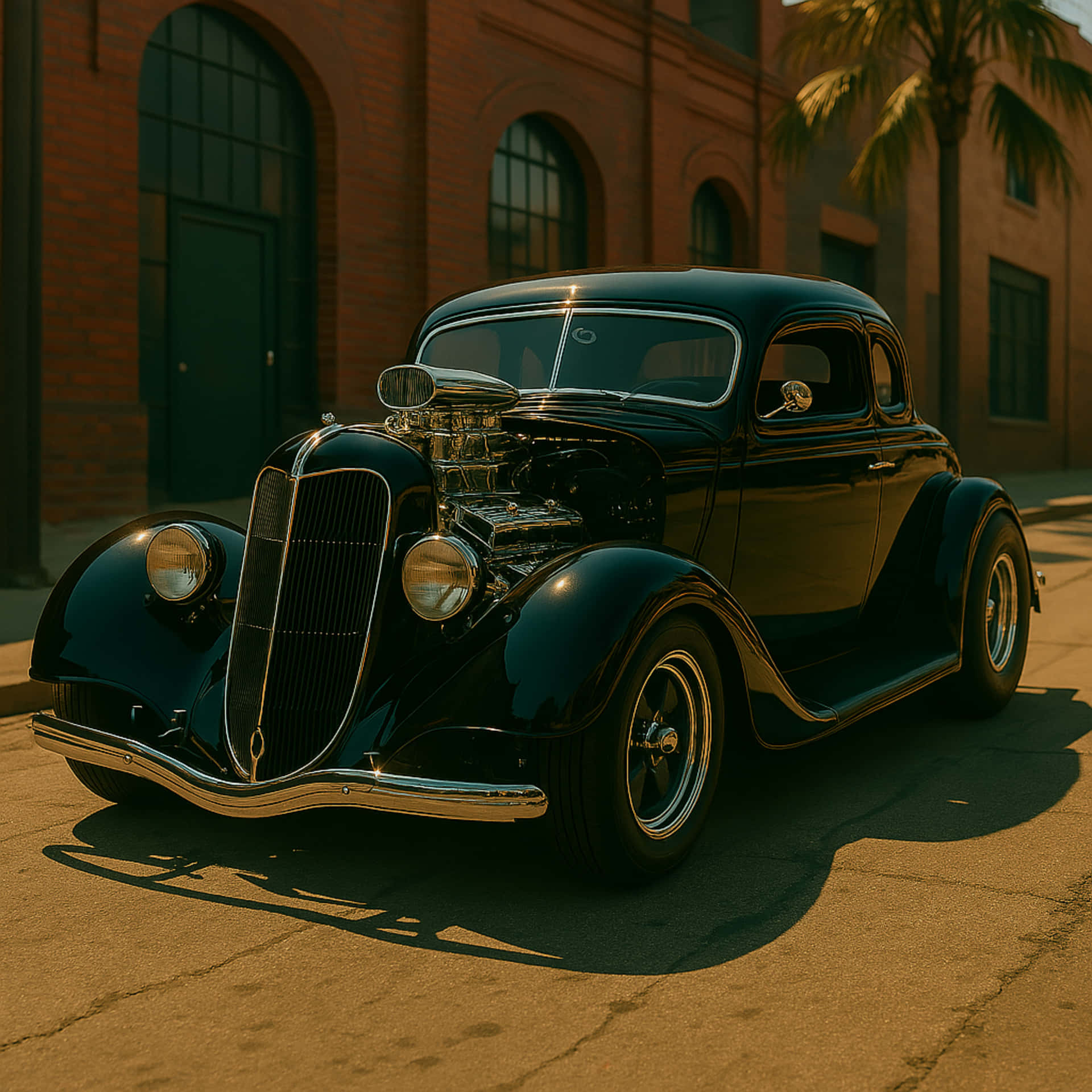 vintage car on the street 壁紙 — 一輛亮黑色經典熱棒車，帶有外露的鍍鉻引擎，停泊在陽光明媚的街道上，旁邊是磚砌建築和棕櫚樹。
