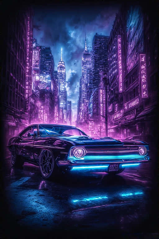 Classic Muscle Car in Futuristic Neon City Retro 4K 壁紙 — 一輛亮黑色肌肉車帶有發光藍色底盤燈，停在雨濕的霓虹燈城市街道上，夜晚高聳的摩天大樓和鮮豔的紫色、粉紅色和藍色燈光反射在濕漉漉的路面上。