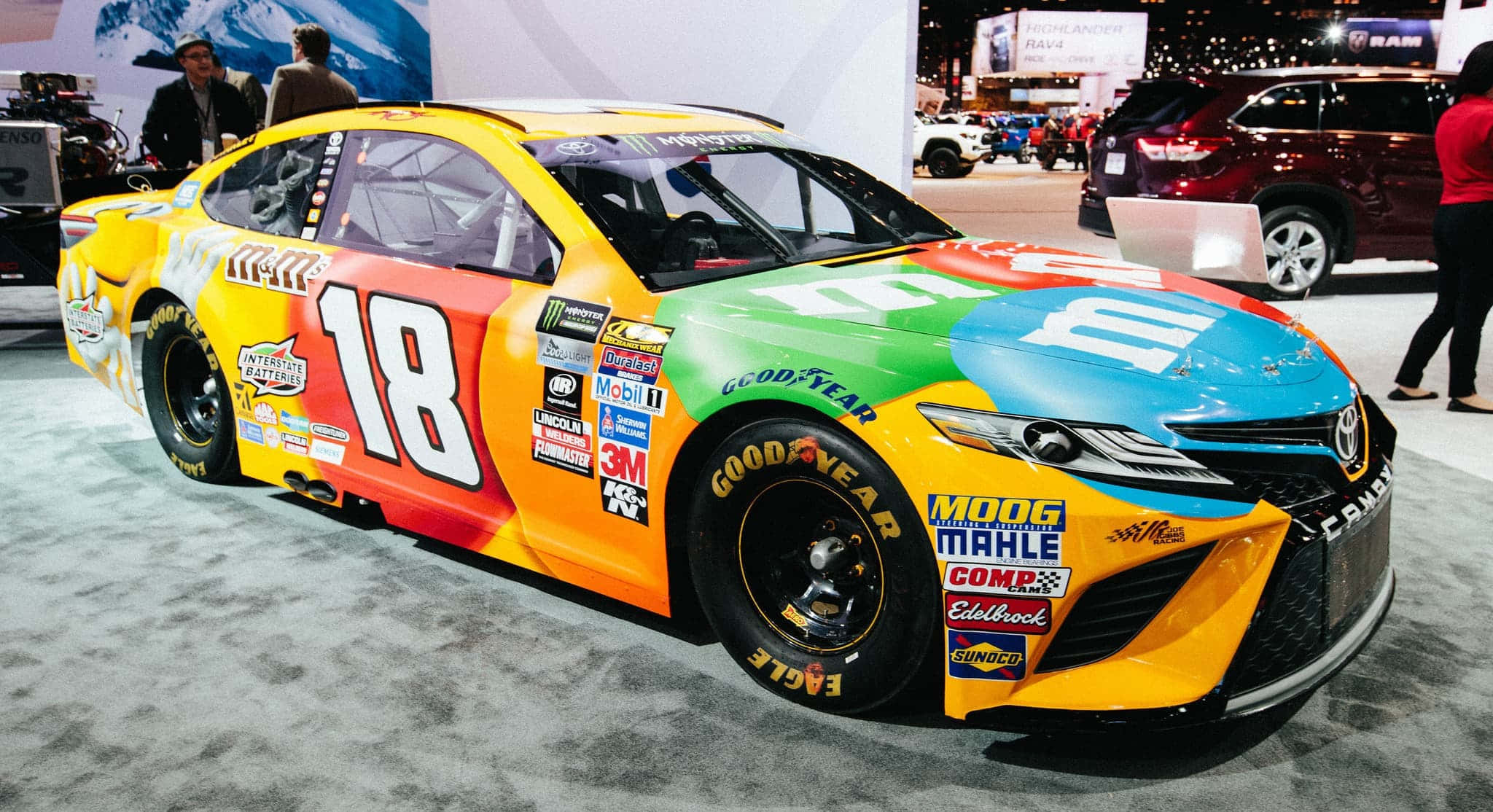 nascar 桌布 壁紙 — 一輛以M&M's為主題的NASCAR賽車18號，在汽車展上展示，帶有明亮的糖果色塗裝和贊助商貼紙。