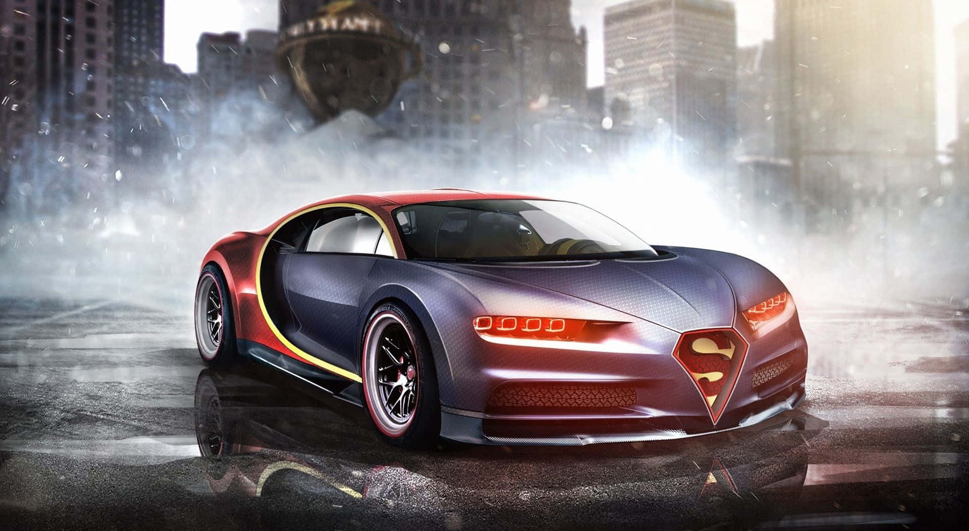Best Bugatti 桌布 壁紙 — 一輛以超人為主題的紅紫色布加迪超級跑車在雨中城市街道上滑行，背景有一個巨大的飛行盾牌。