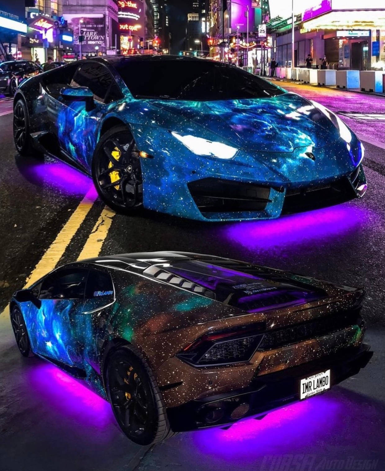 蘭博基尼 桌布 壁紙 — 一輛以銀河為主題的藍寶堅尼跑車在夜晚霓虹燈照亮的城市街道上發出藍色和紫色的光芒。