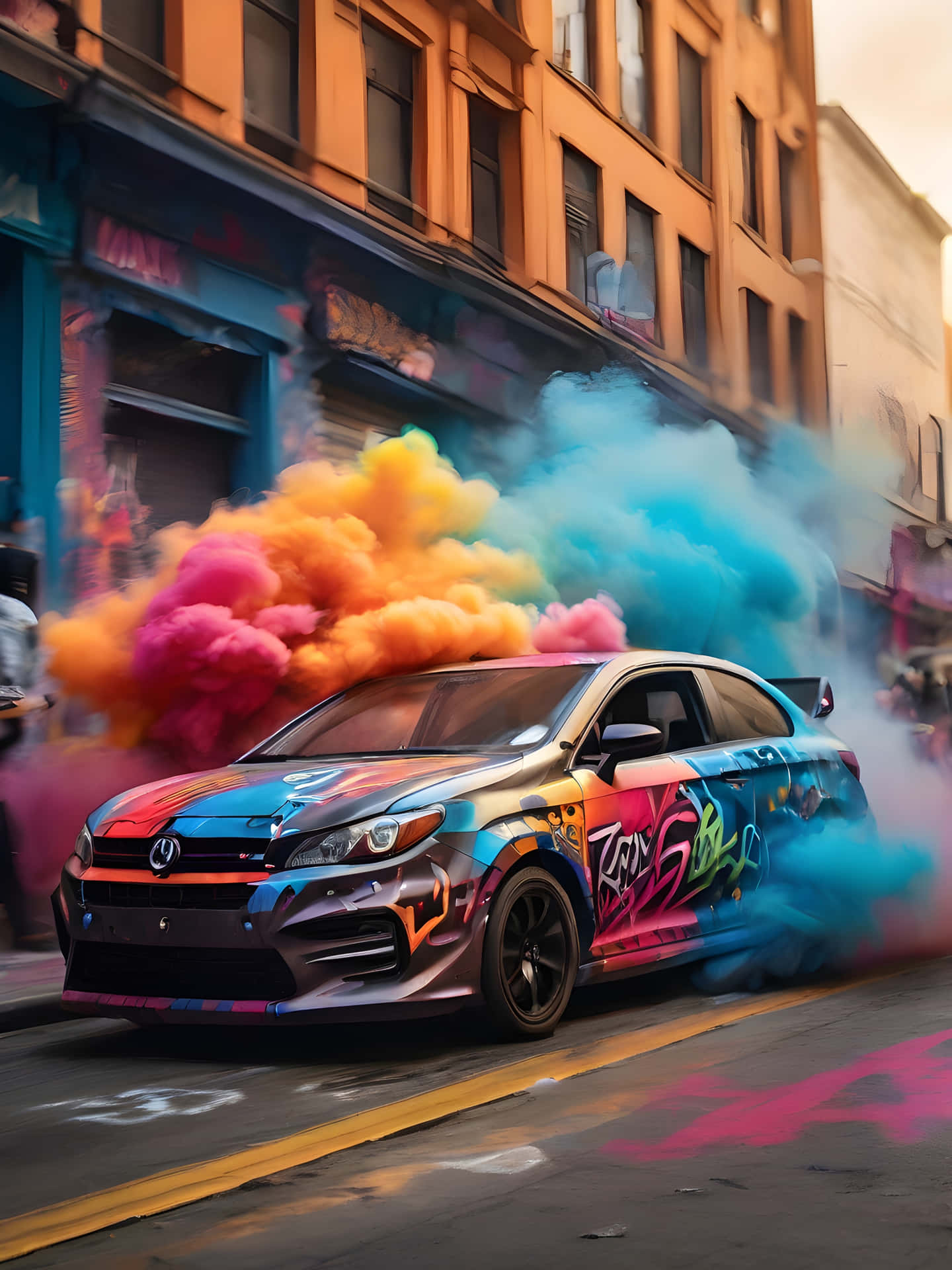 Colorful Smoke Drifting Car 壁紙 — 一輛佈滿塗鴉的汽車在城市街道上飄移，尾部噴出鮮豔的粉紅、橙色和藍色煙霧。