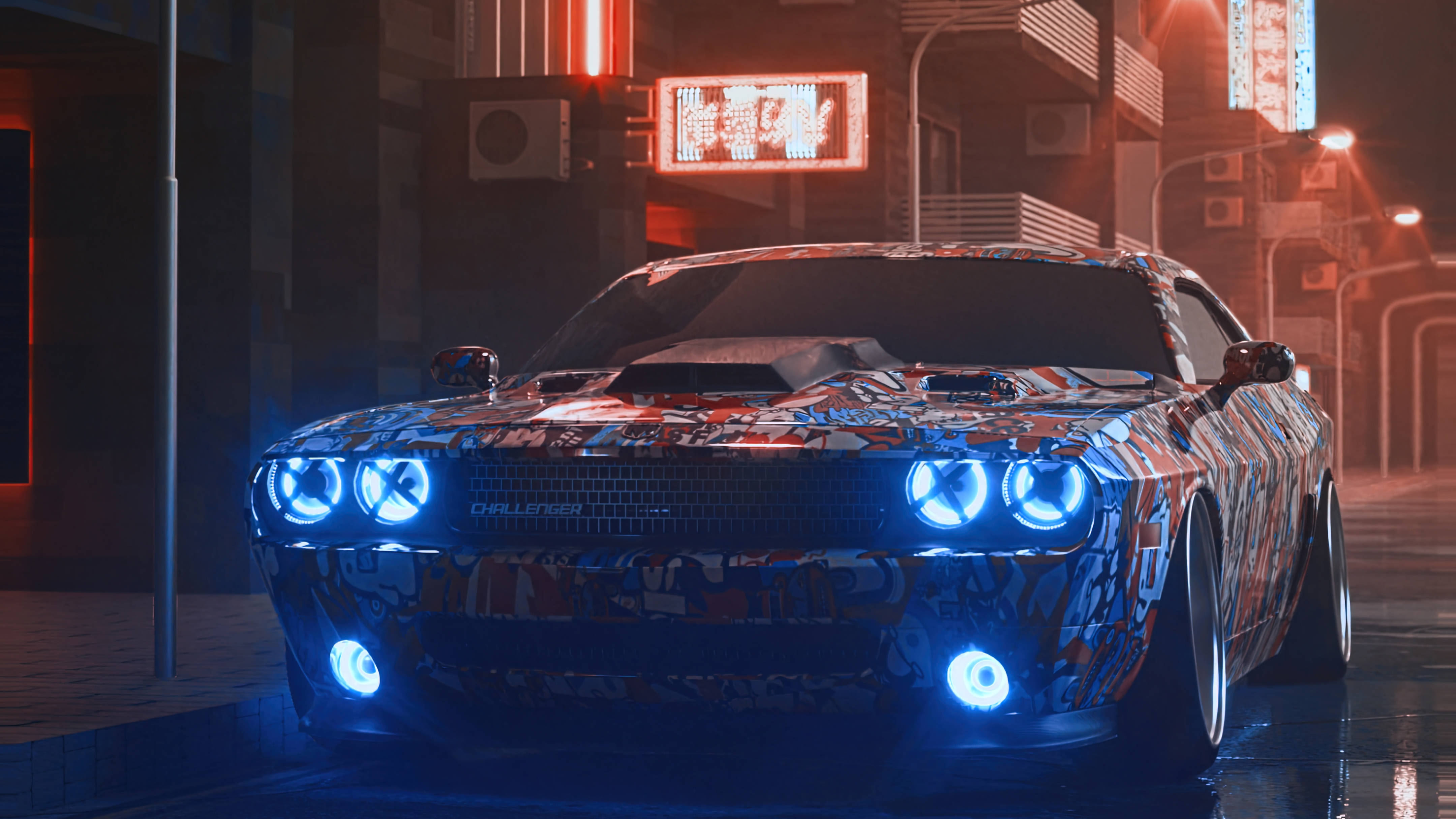 Dodge 桌布 壁紙 — 一輛佈滿塗鴉的肌肉車，配備發光的藍色車頭燈，在夜晚主宰著一條濕漉漉的霓虹燈城市街道。