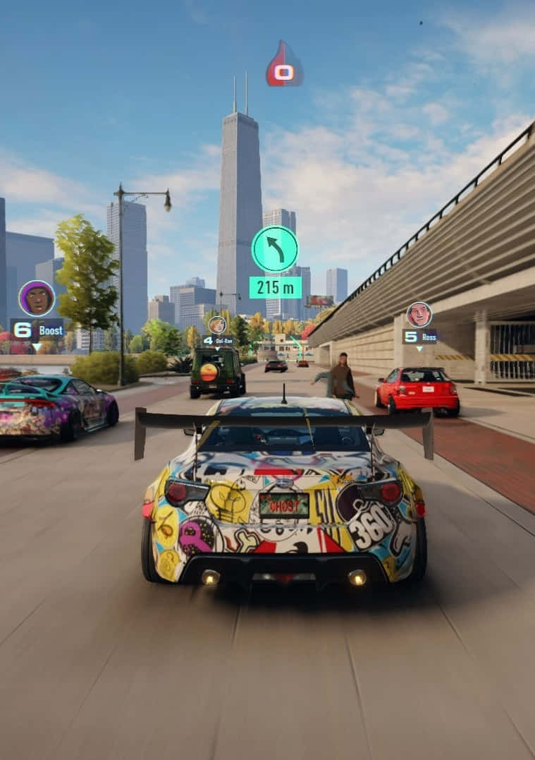 iPhone X Grid Autosport 桌布 壁紙 — 一輛佈滿塗鴉的賽車在陽光明媚的城市街道上飛馳，可見摩天大樓和遊戲HUD元素。