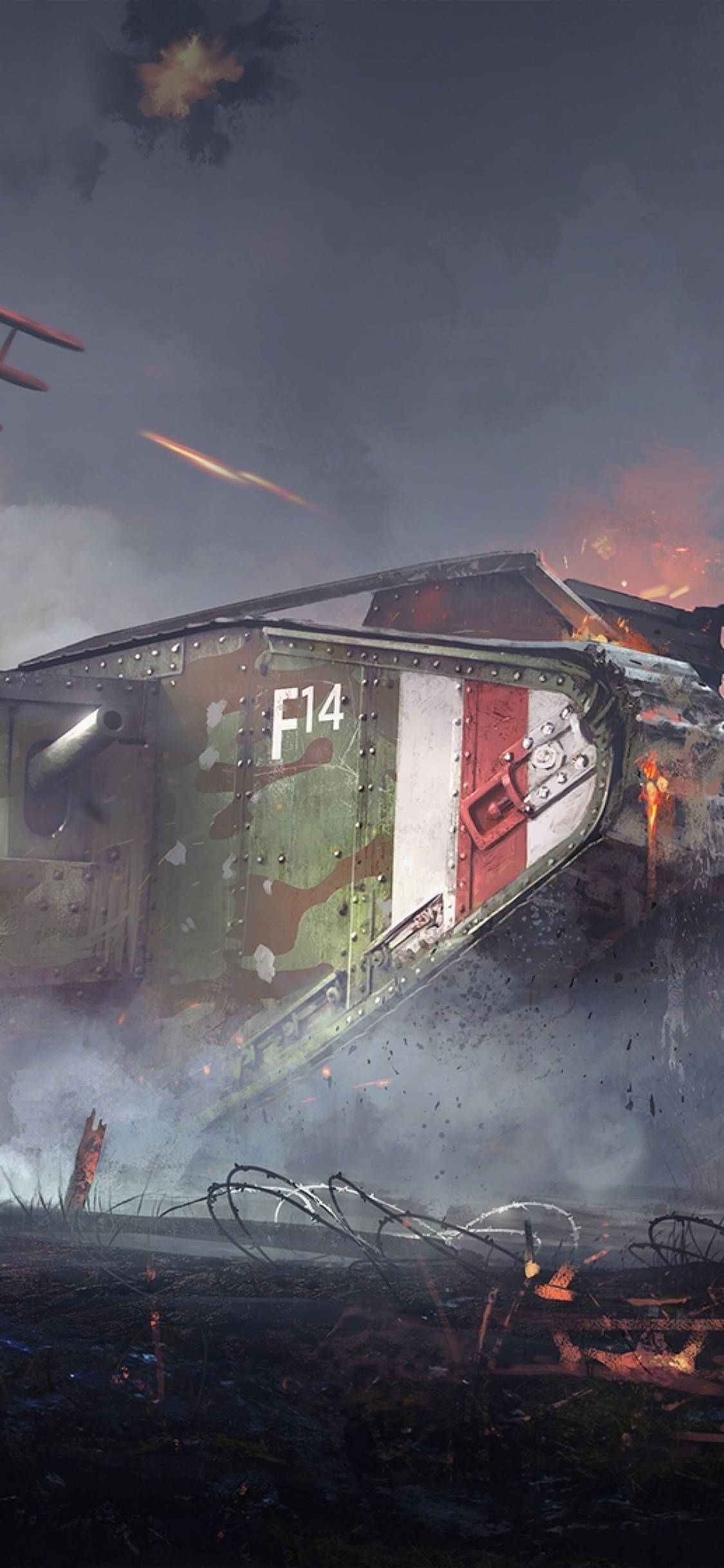 Battlefield 桌布 壁紙 — 一輛佈滿戰鬥痕跡、標有F14的坦克在煙霧瀰漫的戰區中翻倒，爆炸和曳光彈照亮了陰森的戰場。