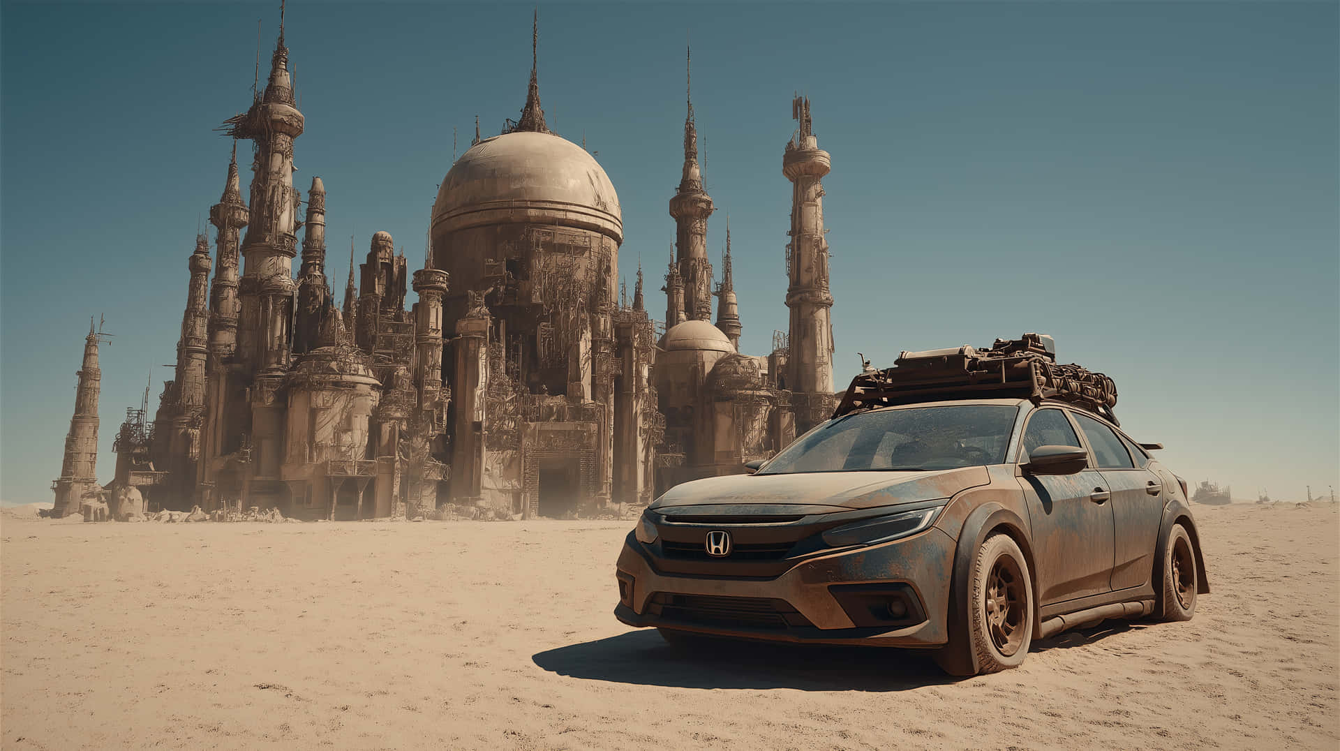 Desert Outpost 壁紙 — 一輛佈滿灰塵的本田轎車，車頂載有貨物，停在沙漠中，前方是藍天下一座破敗、頂部有尖塔的古代遺跡。