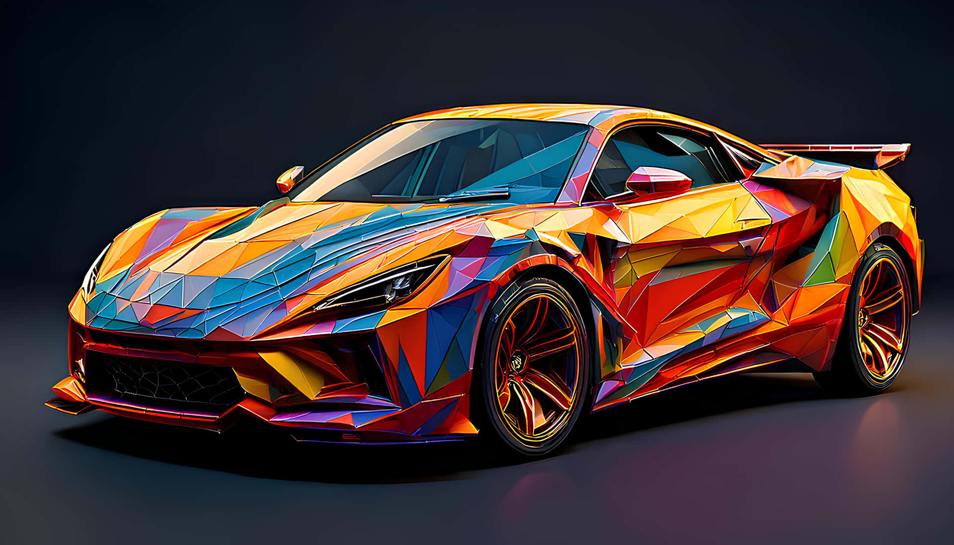 Colourful car 壁紙 — 一輛低多邊形跑車，帶有充滿活力的多色切面，在黑暗背景下的攝影棚燈光中閃耀。
