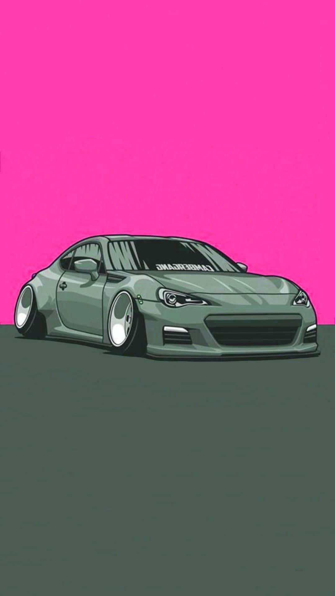 Jdm Art 桌布 壁紙 — 一輛低矮的綠色跑車配備訂製輪圈，停在深灰色表面上，背景是鮮豔的粉紅色。