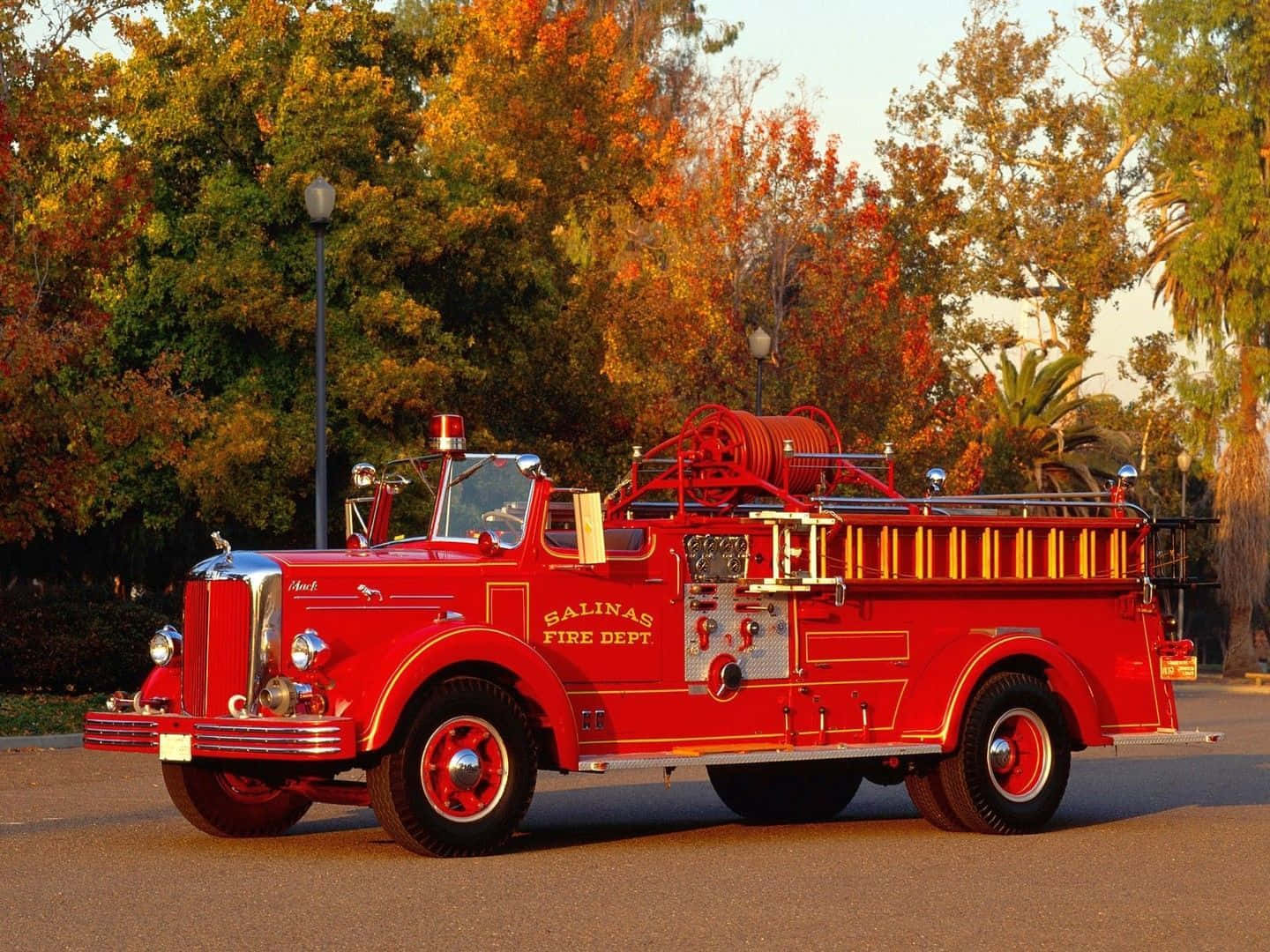 Fire Truck 桌布 壁紙 — 一輛來自薩利納斯消防局的復古紅色消防車停在人行道上，周圍是秋日樹木，在金色夕陽下閃耀。