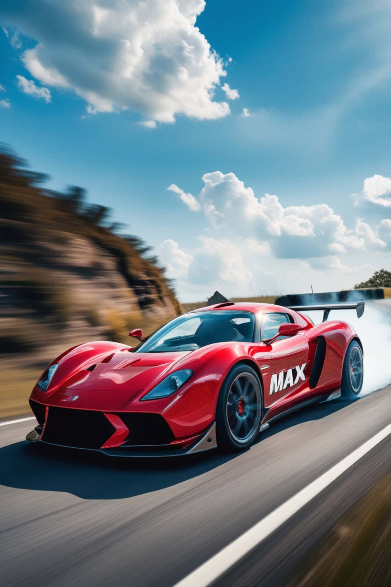 Red Max Supercar 壁紙 — 一輛側面印有「MAX」的鮮紅色賽車，在陽光明媚的道路上，在藍天白雲下急劇飄移。