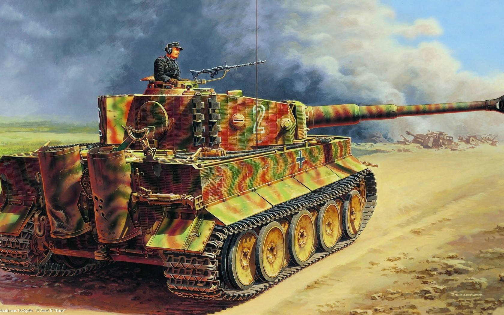 Tanks 桌布 壁紙 — 一輛偽裝的德國虎式坦克及車組人員在陰天下的塵土飛揚戰場上待命。