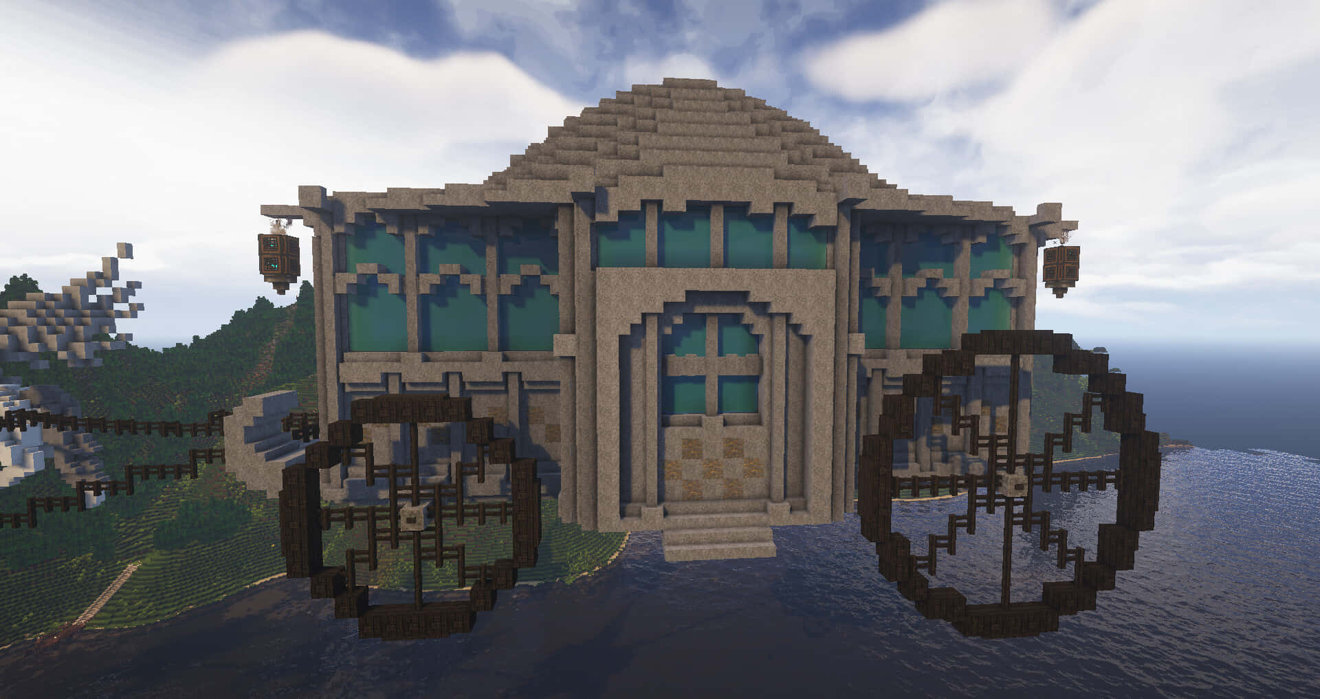 The Hogwarts Carriage 桌布 壁紙 — 一輛像素化的Minecraft馬車，石製車身和青綠色玻璃窗，漂浮在草地懸崖附近的海洋水面上。