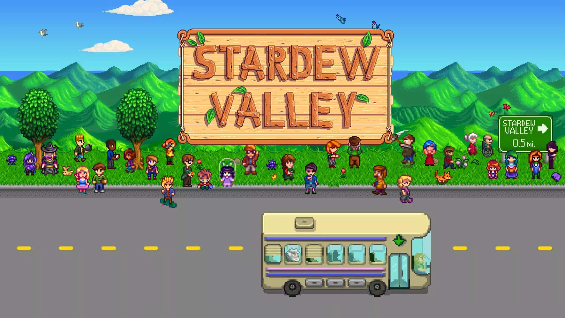 星露谷物語 桌布 壁紙 — 一輛像素藝術巴士接近一個寫著 Stardew Valley 的木牌，村民們在明亮的藍天下聚集在長滿草的山丘上。