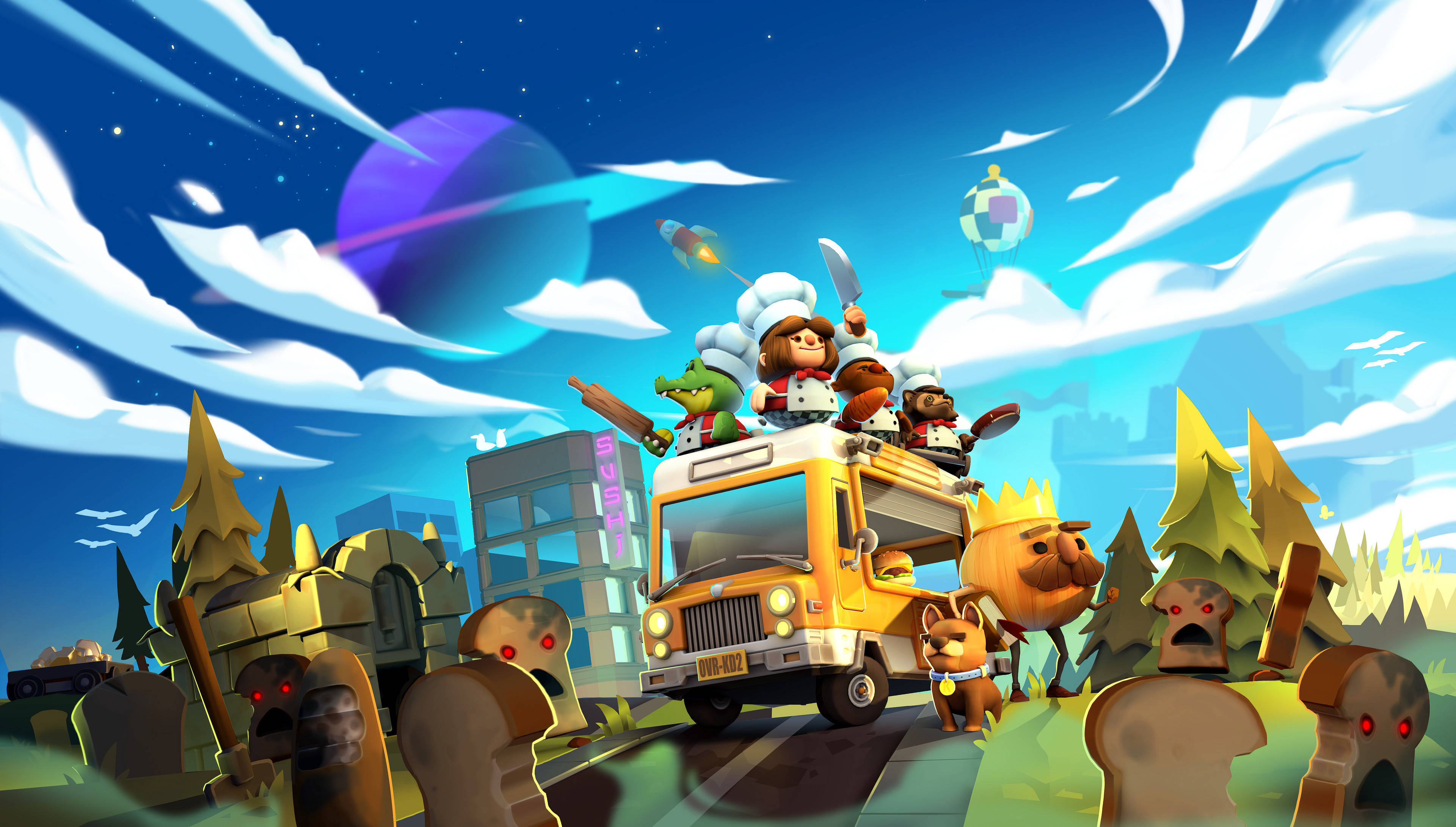 Overcooked 桌布 壁紙 — 一輛充滿廚師和動物的古怪卡通巴士在星空下（有紫色行星）穿過殭屍出沒的小鎮。