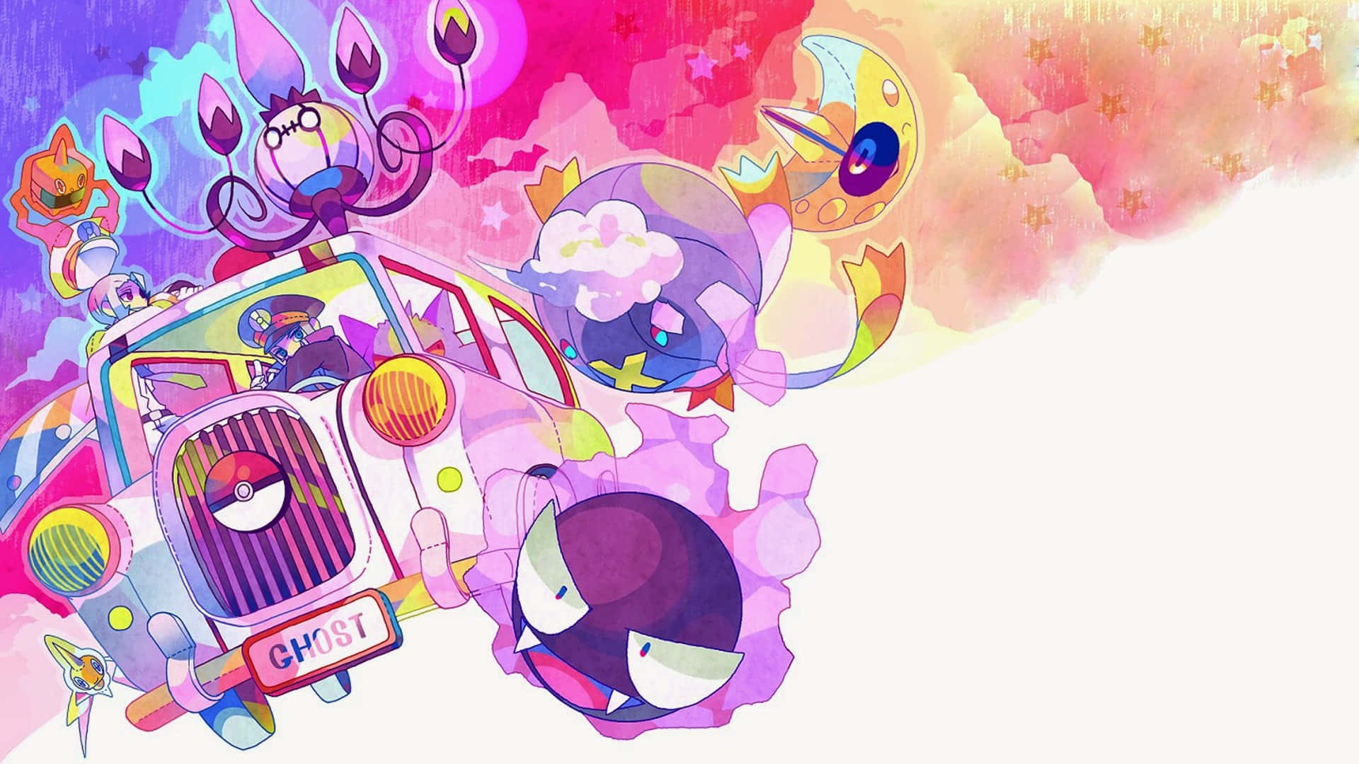 Pokemon Fan Art 桌布 壁紙 — 一輛充滿活力的動漫風格鬼主題汽車，帶有卡通生物和彩虹天空背景。