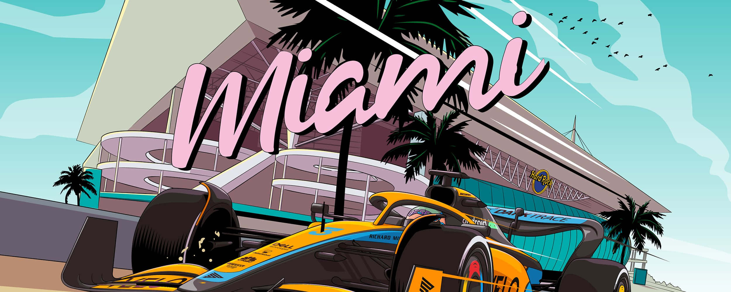 Miami 桌布 壁紙 — 一輛充滿活力的卡通風格一級方程式賽車在晴朗的天空下駛過棕櫚樹和現代化的邁阿密體育場。
