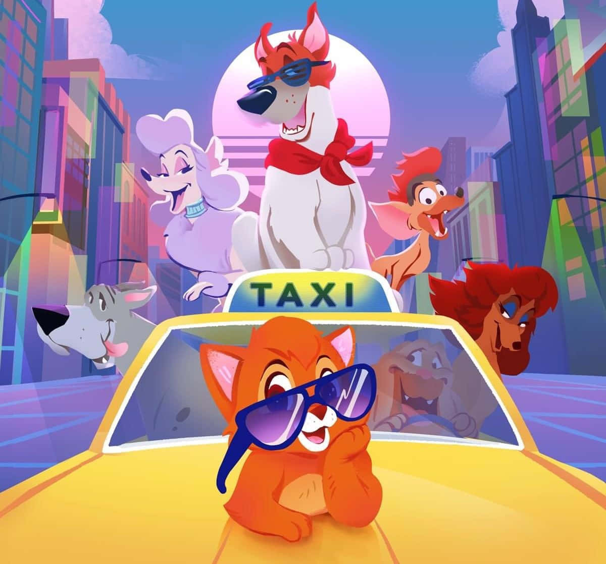 oliver and company 桌布 壁紙 — 一輛充滿活力的卡通黃色計程車，載滿時尚的擬人化動物，在黃昏時分穿梭於霓虹閃爍的城市景觀中。