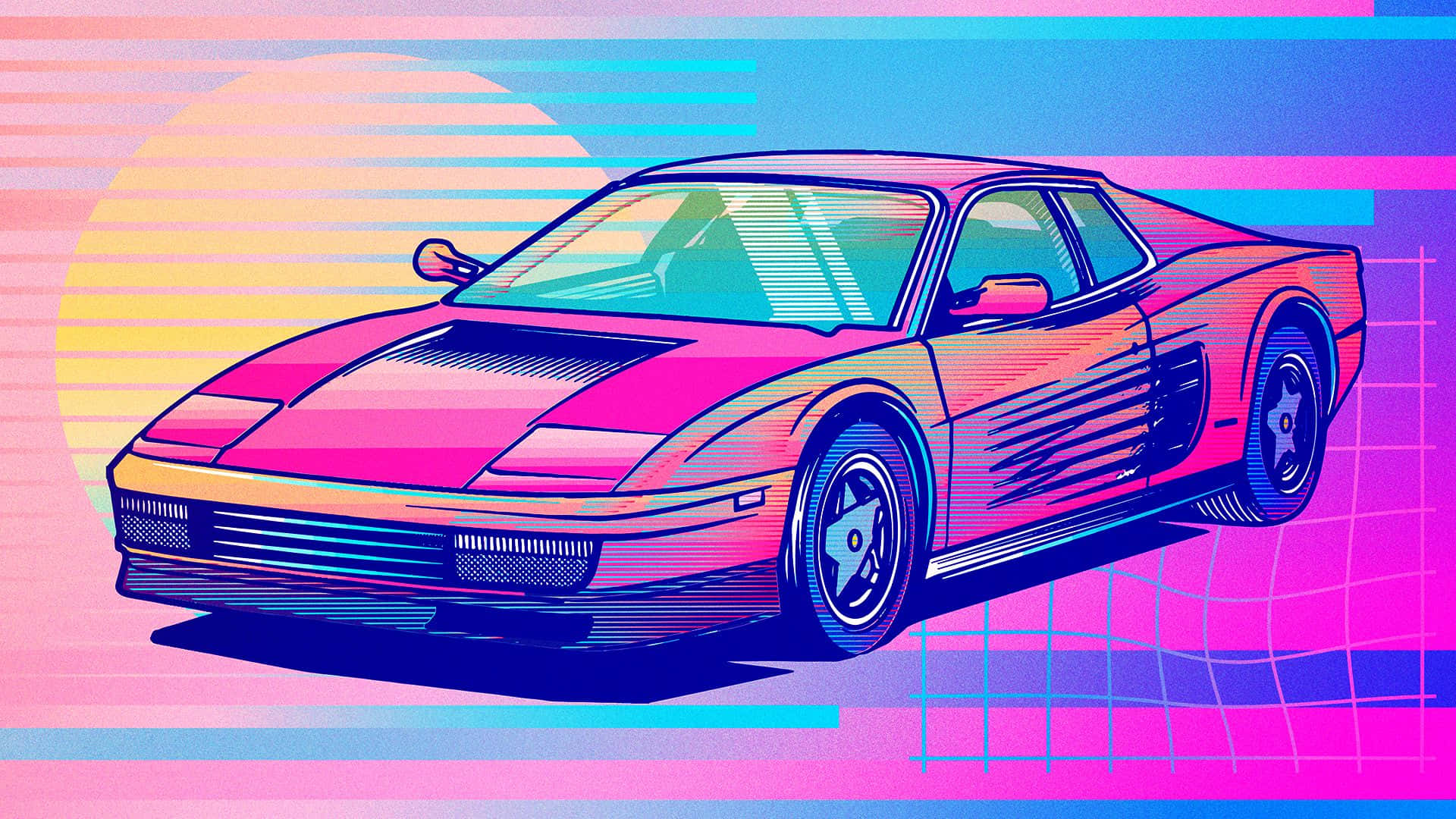 80s Vaporwave 桌布 壁紙 — 一輛充滿活力的復古跑車，帶有粉紅色和藍色漸變，在帶有網格線的霓虹日落背景下發光。