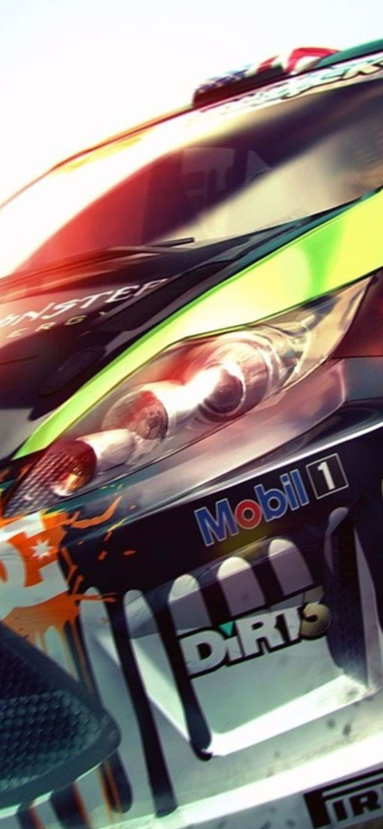 iPhone Xs Max Dirt 3 桌布 壁紙 — 一輛充滿活力的拉力賽車前部特寫，帶有Mobil 1和DiRT 3品牌標誌，動態燈光和彩色貼紙。