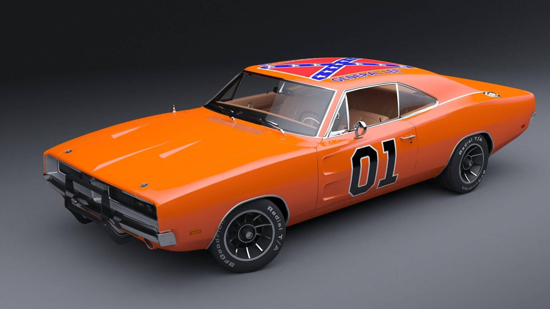 General Lee 桌布 壁紙 — 一輛充滿活力的橙色1970年道奇Charger，帶有黑色賽車條紋和側面的01號碼。