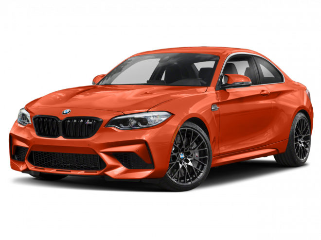 BMW 動圖 桌布 壁紙 — 一輛充滿活力的橙色BMW M2雙門轎跑車，帶有黑色飾件和運動設計，在純黑色背景下脫穎而出。