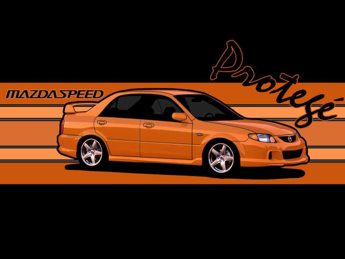 Mazda Protege 桌布 壁紙 — 一輛充滿活力的橙色MazdaSpeed Protege轎車，以粗線條繪製在條紋橙色和黑色背景上。