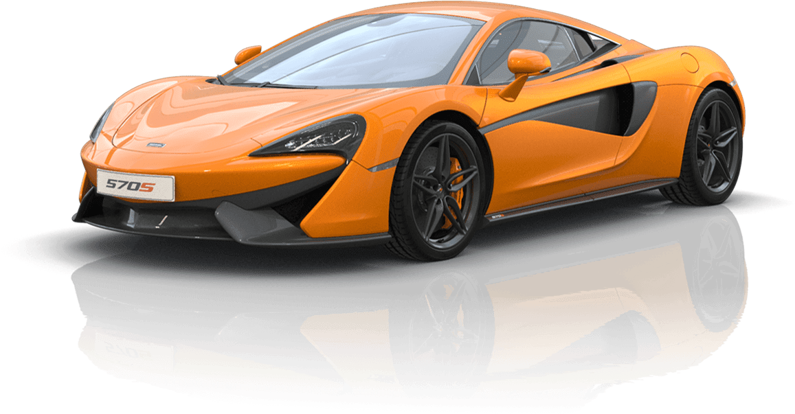 麥拉倫 桌布 壁紙 — 一輛充滿活力的橙色McLaren 570S跑車，帶有黑色飾邊，在深色表面上呈現光澤反射。