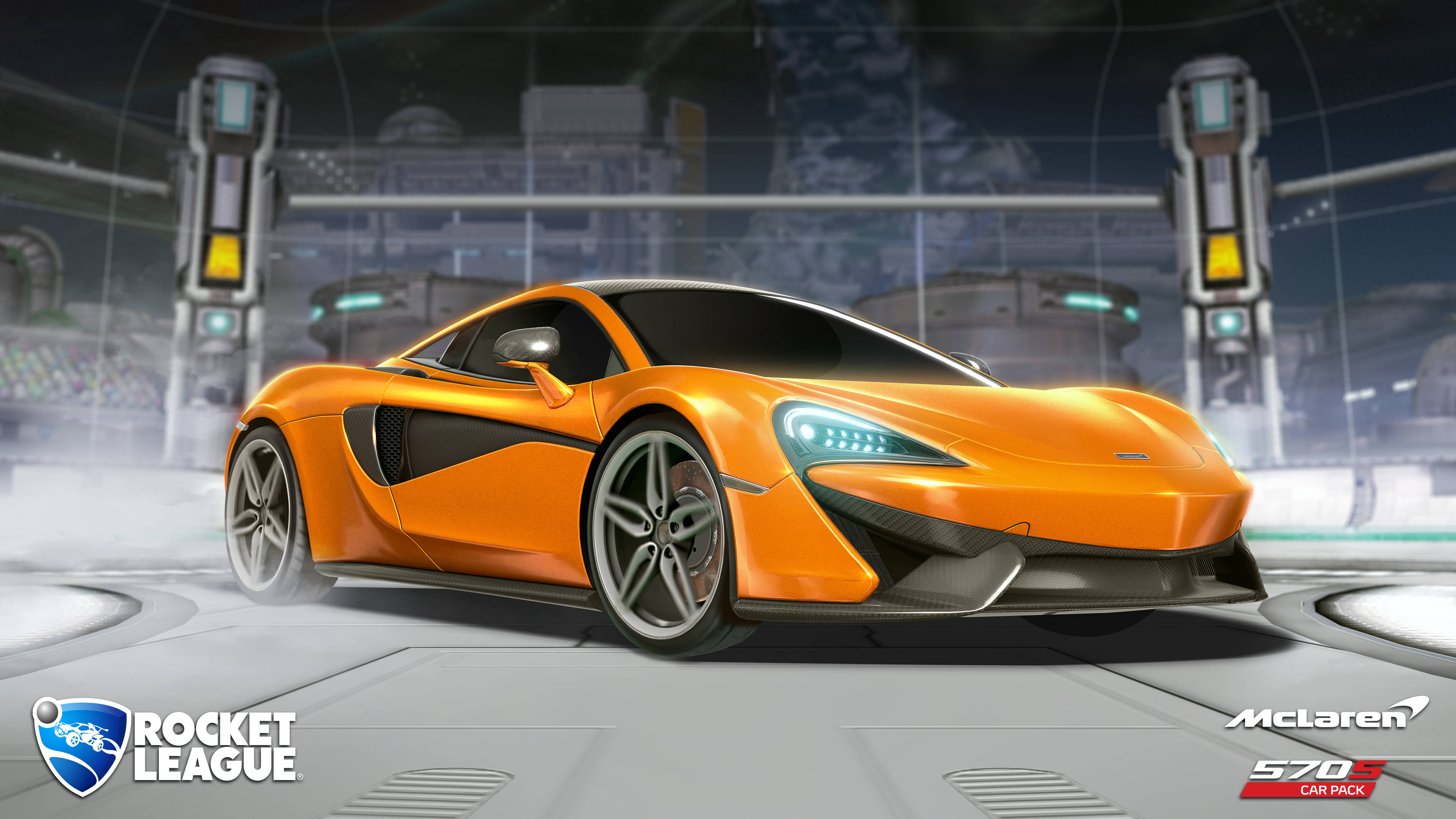 火箭聯盟 桌布 壁紙 — 一輛充滿活力的橙色McLaren 570跑車在未來賽車場的霓虹燈下閃閃發光。
