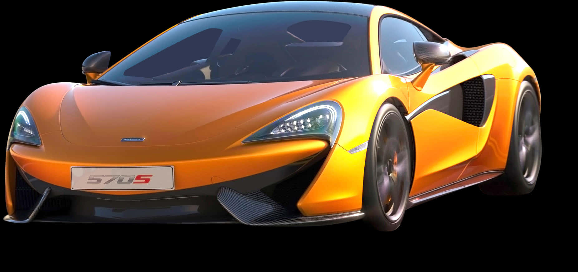 電玩遊戲 桌布 壁紙 — 一輛充滿活力的橙色McLaren 570S跑車在攝影棚燈光下，在純黑背景上閃閃發光。