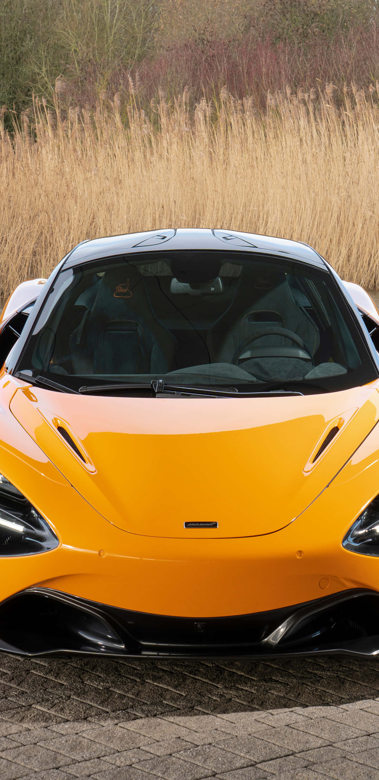 Pixel 3xl Mclaren 720s 桌布 壁紙 — 一輛充滿活力的橙色McLaren跑車停放在石徑上，後面有高高的金色草叢。