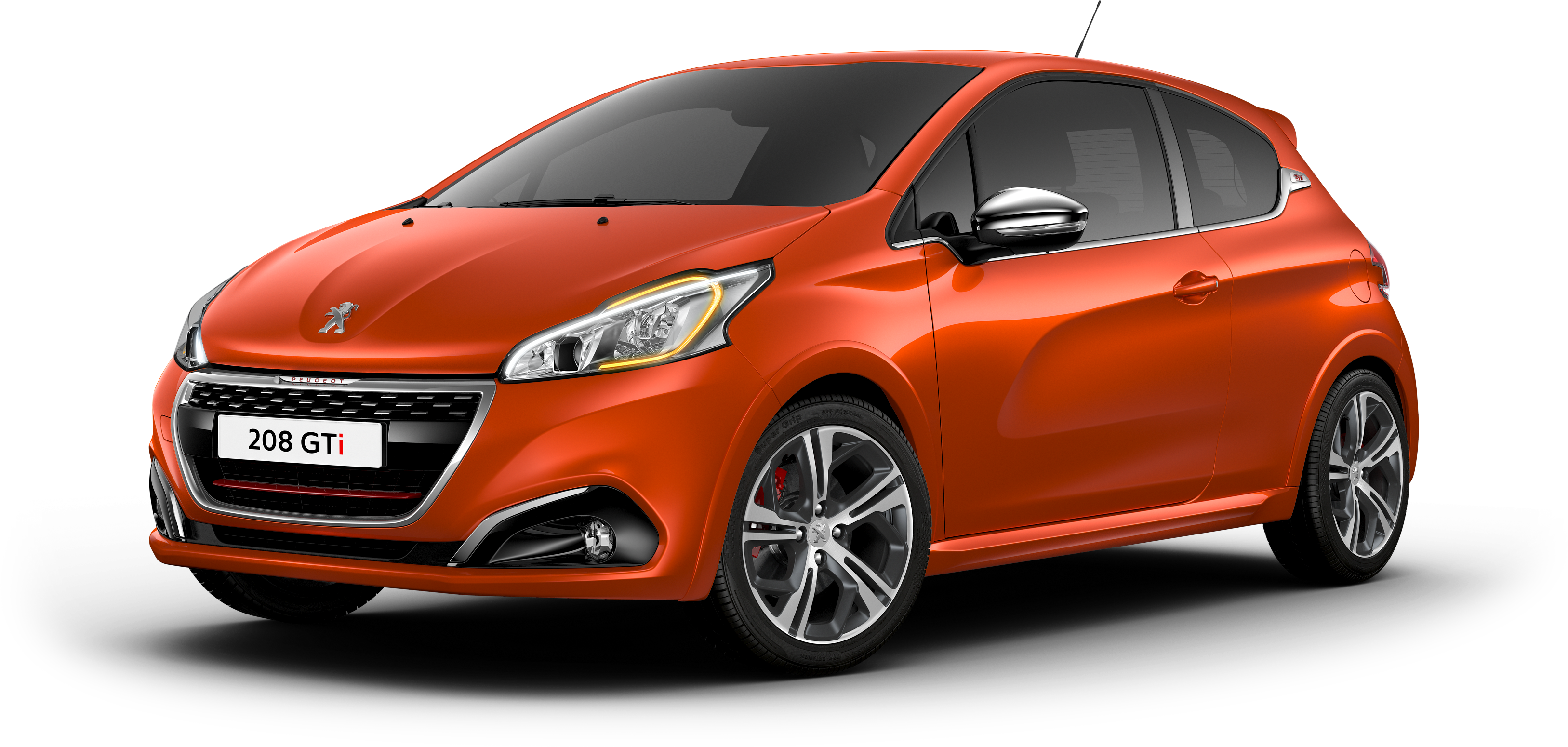 標緻 桌布 壁紙 — 一輛充滿活力的橙色Peugeot 208 GTi跑車在攝影棚燈光下，在純黑背景上閃閃發光。