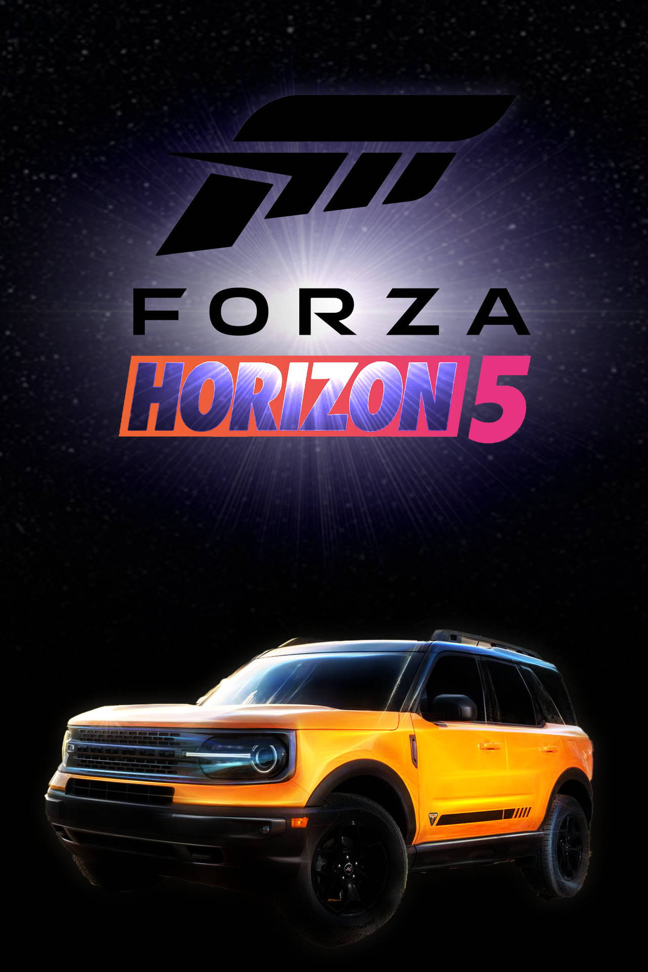 iPhone 桌布 壁紙 — 一輛充滿活力的橙色SUV在宇宙星空下閃耀，上方放射出Forza Horizon 5標誌。