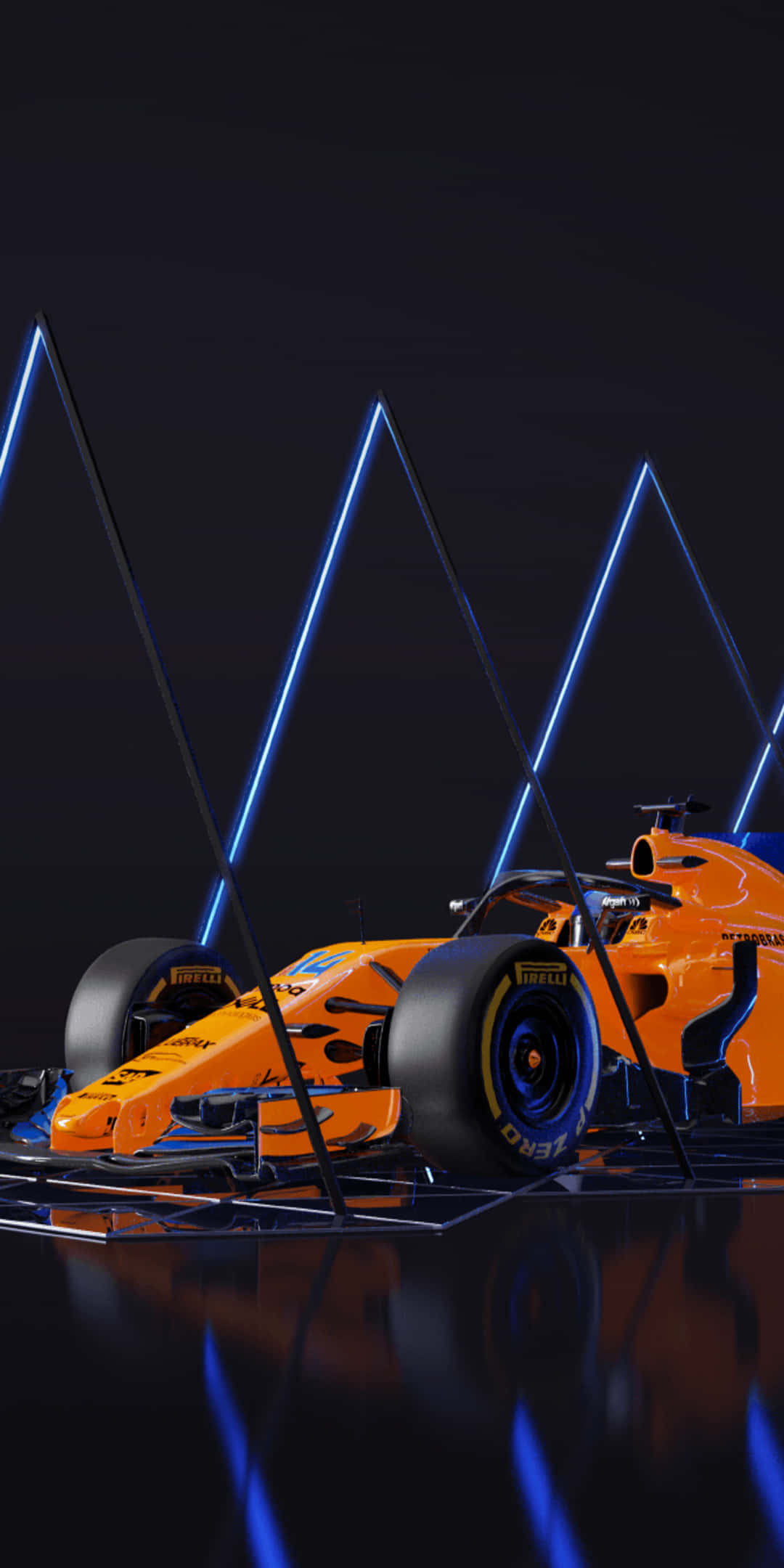 F1 桌布 壁紙 — 一輛充滿活力的橙色一級方程式賽車在發光的藍色霓虹三角形下，在反光的黑色地板上閃閃發光。