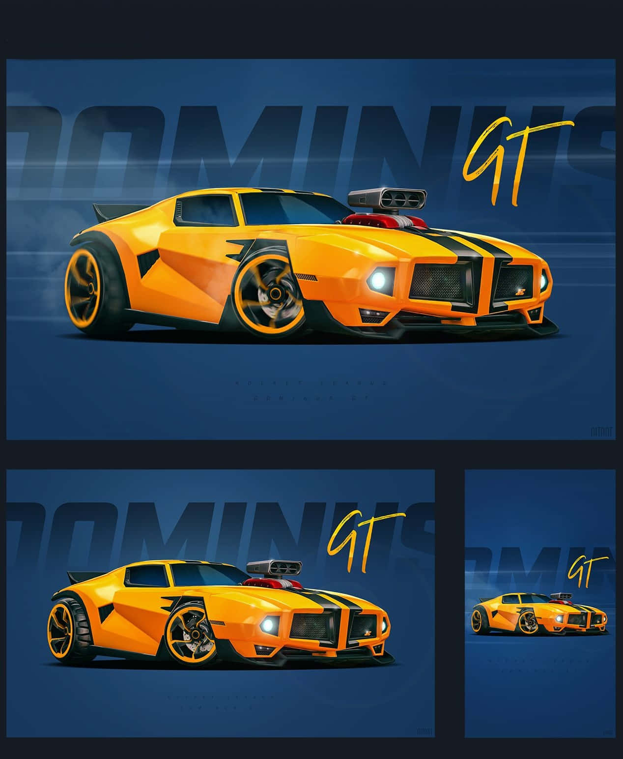 Pixel 3 Rocket League 桌布 壁紙 — 一輛充滿活力的橙色和黑色跑車，帶有發光的車頭燈和'GT'品牌，以三個動態角度顯示在深藍色背景上。