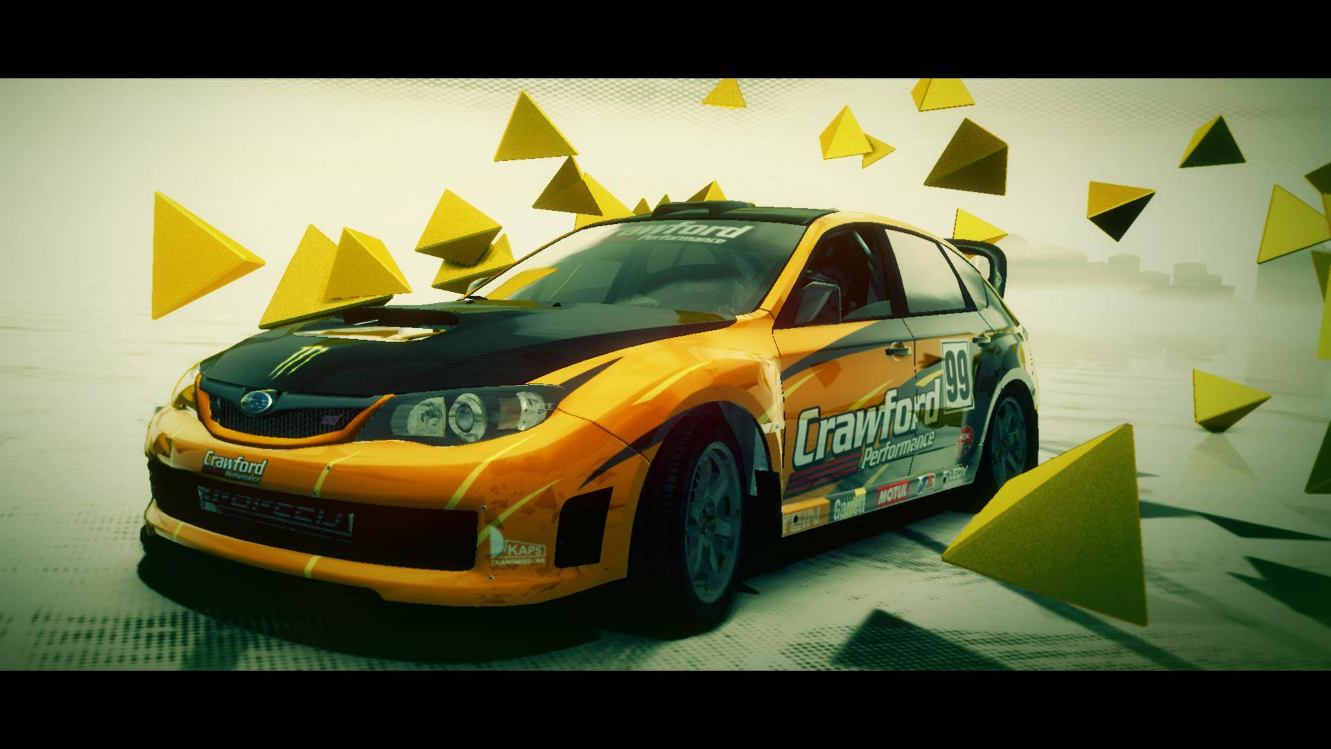 Dirt 3 桌布 壁紙 — 一輛充滿活力的橙色拉力賽車，帶有 'Crawford 99' 塗裝，在霧濛濛的賽道上於漂浮的黃色三角形之間飄移。
